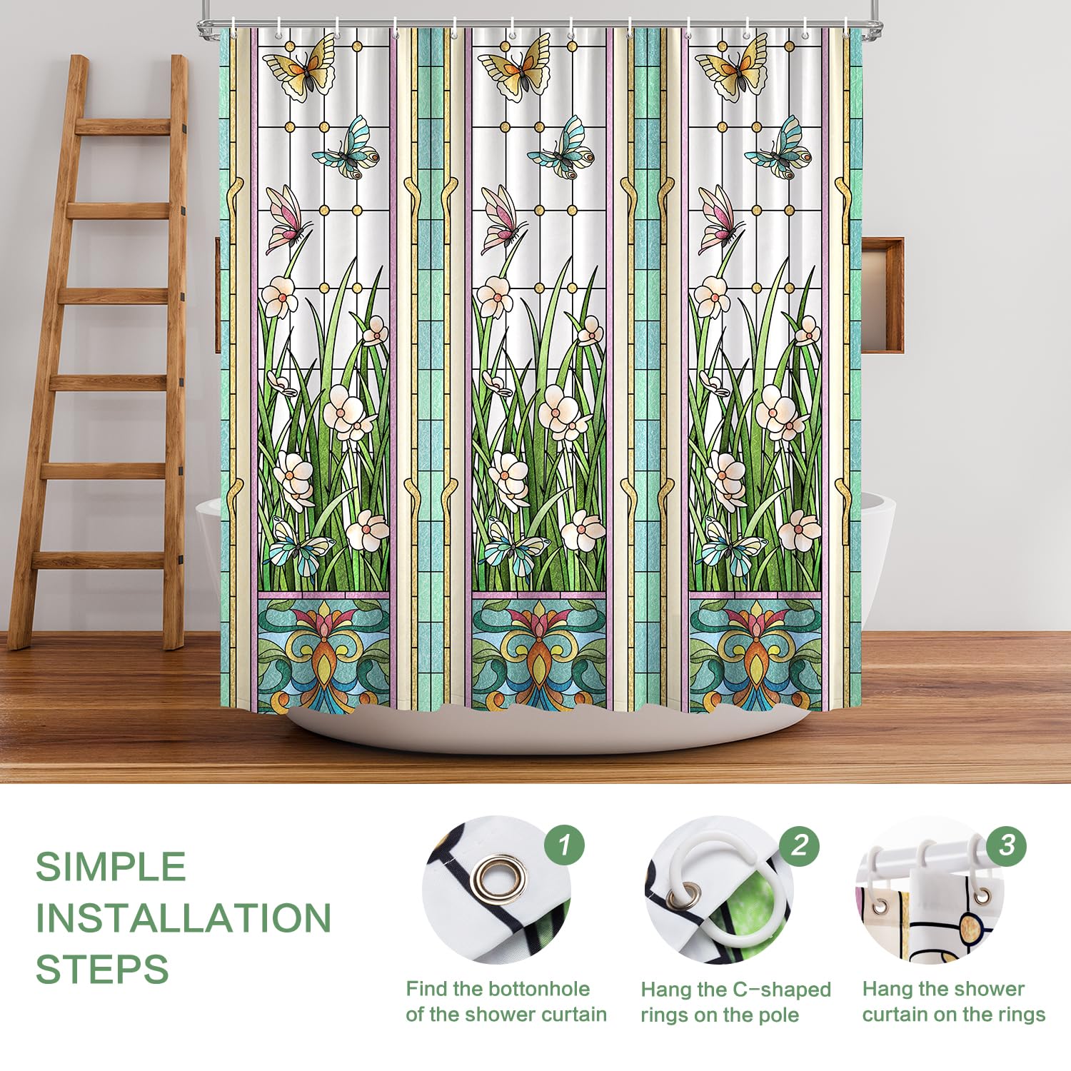 Flower Butterfly Shower Curtain, Glaze Glass Window Screen Shower Curtain Green Spring Summer Thick Shower Curtain Sets Waterpro
