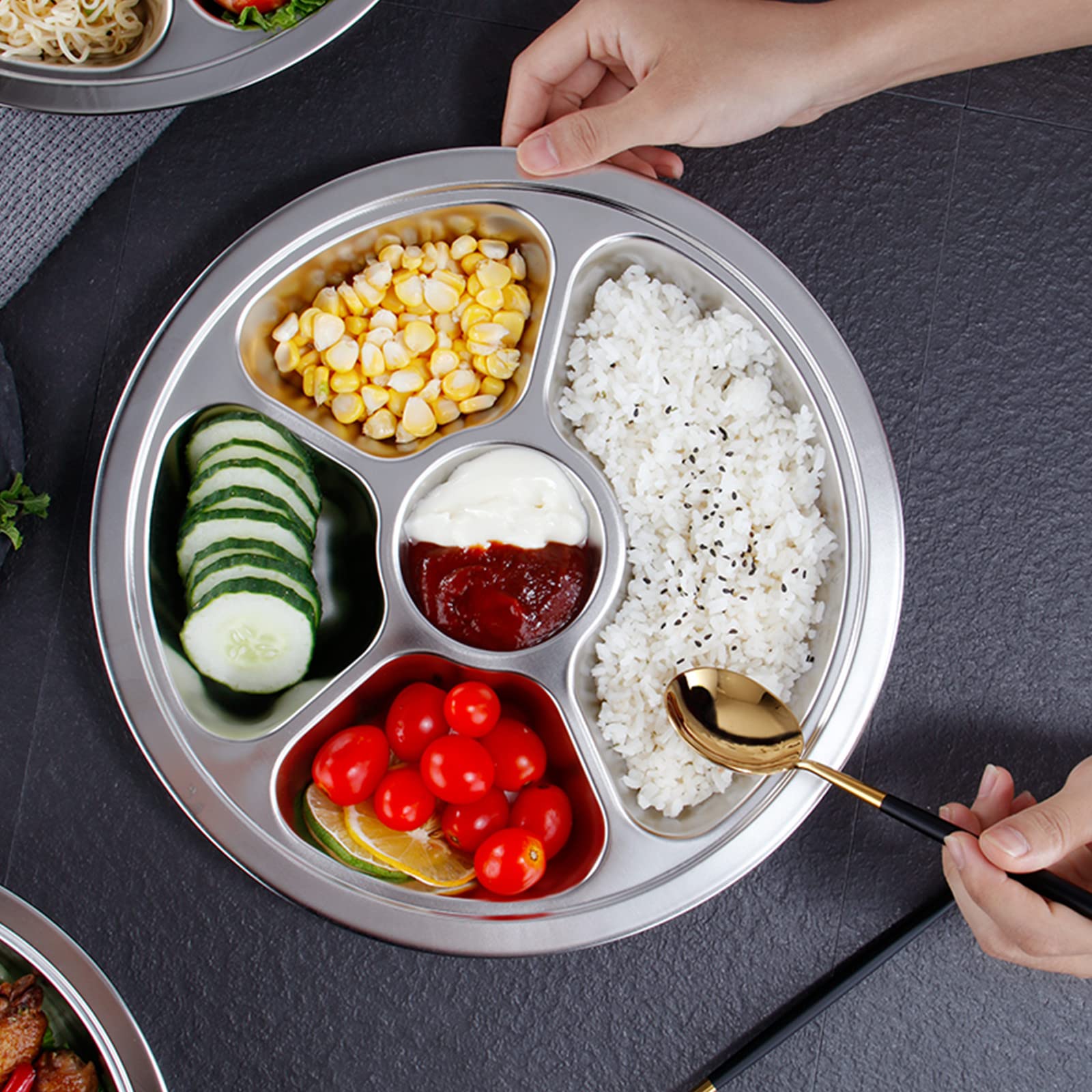 Zoofox Set Of 4 Stainless Steel Divided Dinner Plate, Stainless Steel Plates With 5 Sections, Round Serving Platter, Cafeteria M