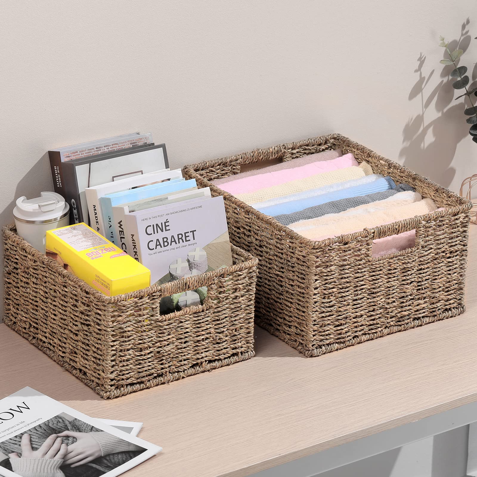 HOONEX Large Wicker Baskets for Storage  Seagrass Baskets with Dual Handles  Woven Baskets for Storage  Set of 2  Natural