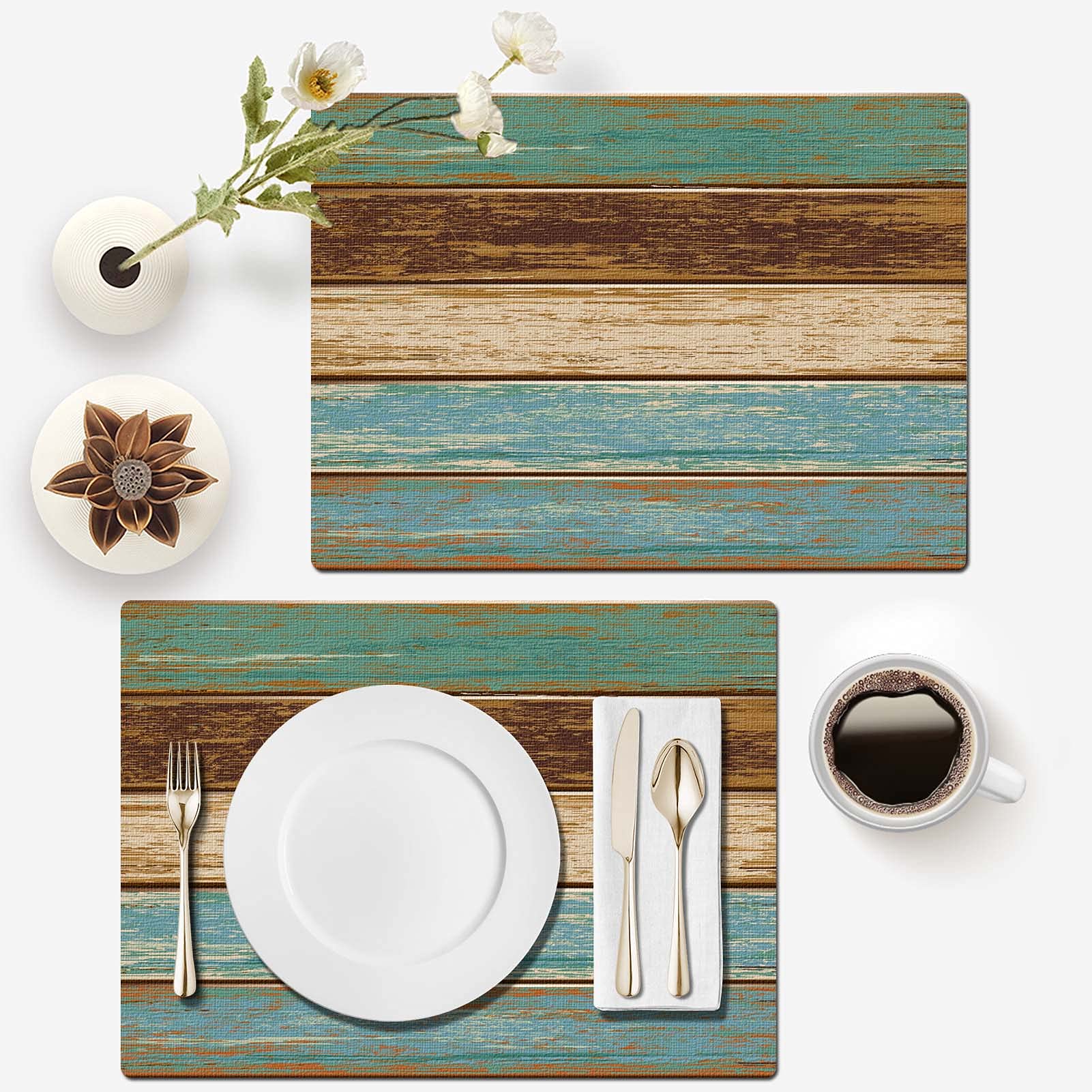 Mcalk Farmhouse Table Runner And Placemats Set Of 6 Pieces, Teal And Brown Placemats Wooden Texture,Rectangle Cloth Place Mats I