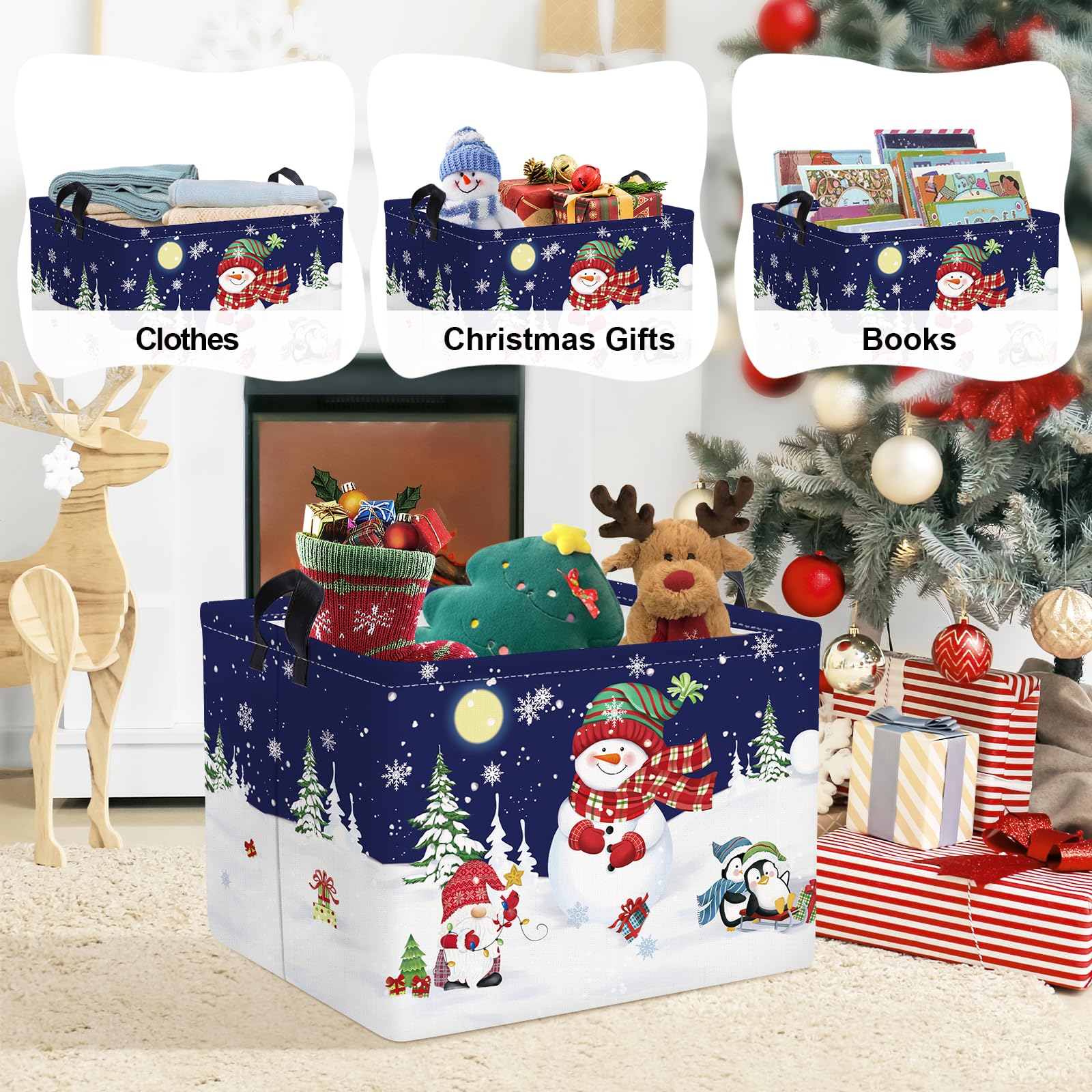 Clastyle Gnome Penguin Snowman Basket Christmas Tree Snowflake Gift Basket Winter Moon Night Storage Bin Rectangle Kid Clothes T