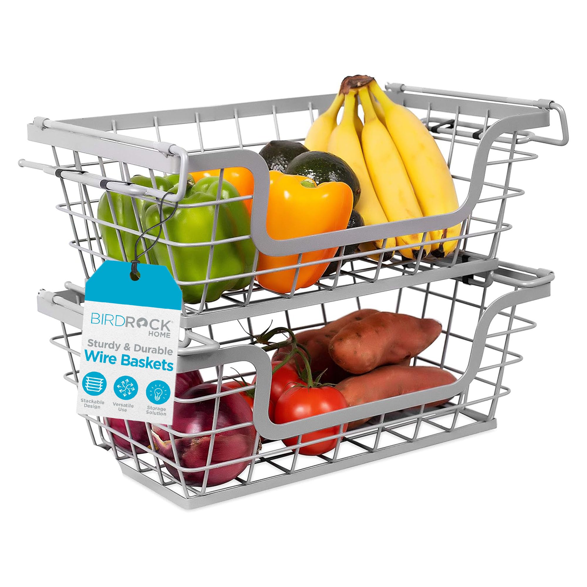 Birdrock Home Wire Baskets - Set Of 2 Stackable Hanging Bins - Wall Mount Shelf - Potato Onion Storage - Kitchen Pantry Organize