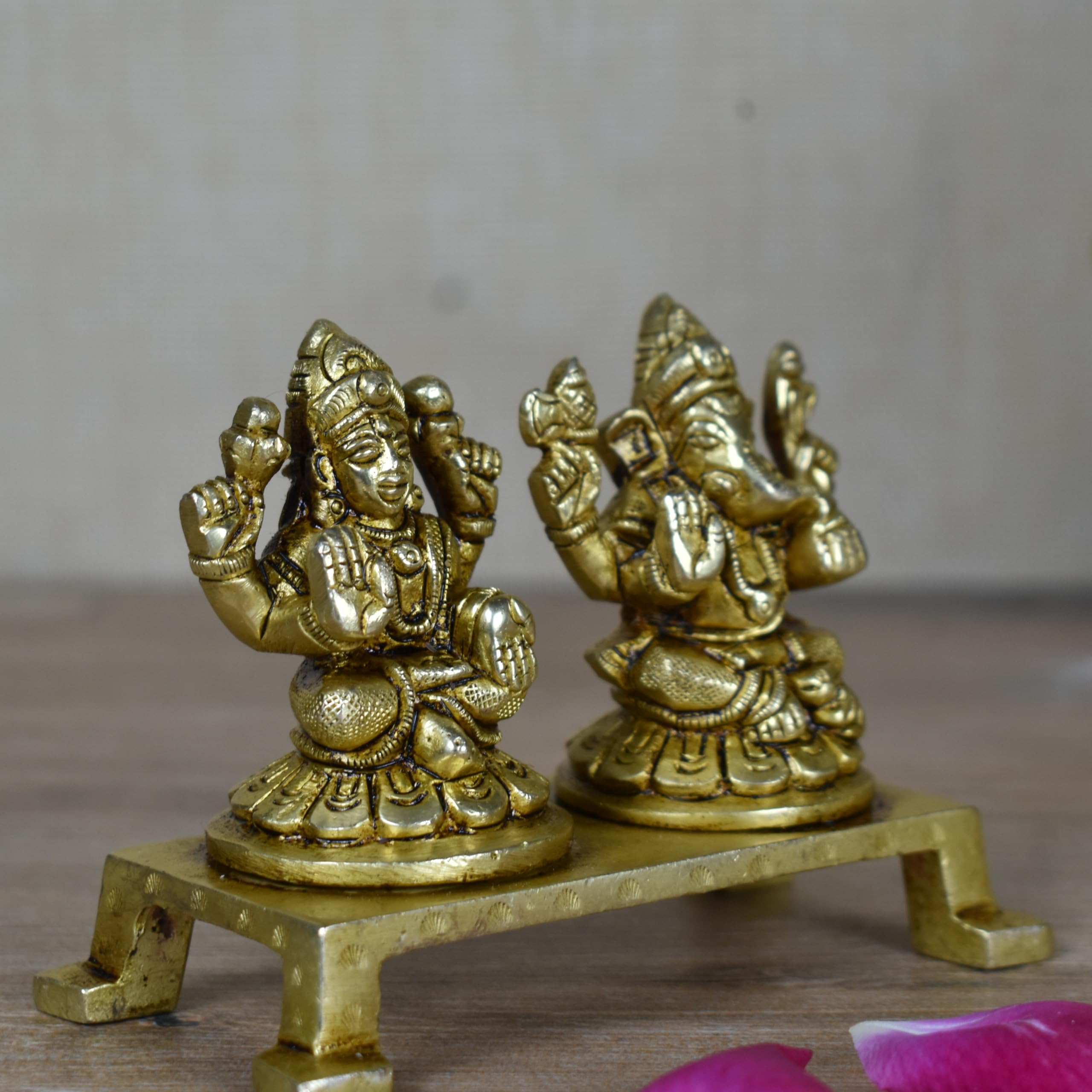 Vintage Gulley Brass Laxmi Ganesh Idol Set With Chowki Stand, Peetal Ganesha Lakshmi Paoti For Diwali Puja, Study Table, Pooja R