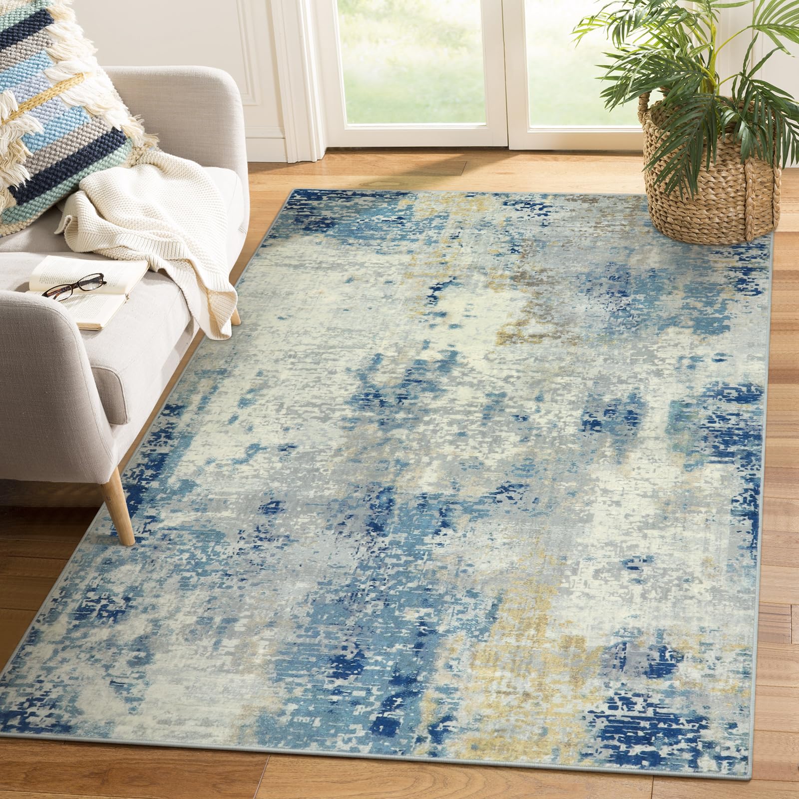 Lahome Modern Abstract Area Rug - 4x6 Blue Entryway Rug Soft Bedroom Rug Washable Living Room Mat, Contemporary Non Slip Indoor 