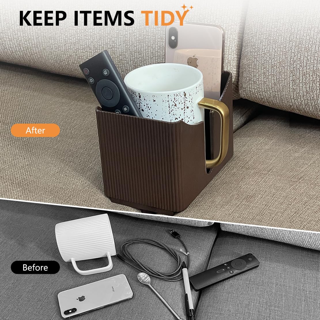 Couch Anti-Spill Drink Holder Tray, Couch Seat Cushion Cup Beverage Holder For Cups, Mugs, Bottles, Cans (Brown)