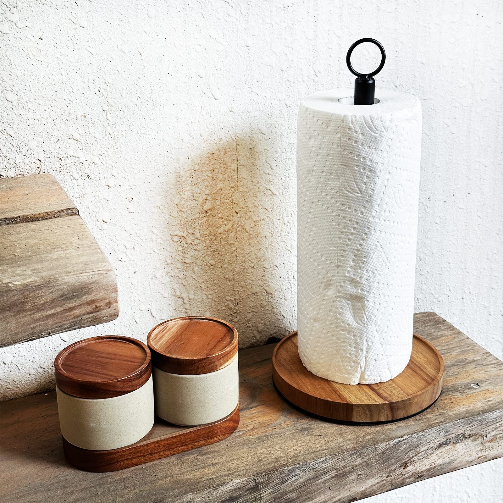 Wildmos Paper Towel Holder Countertop,Solid Acacia Wood With Thick Metal Base,Black Paper Towel Holder For Farmhouse Kitchen,Woo