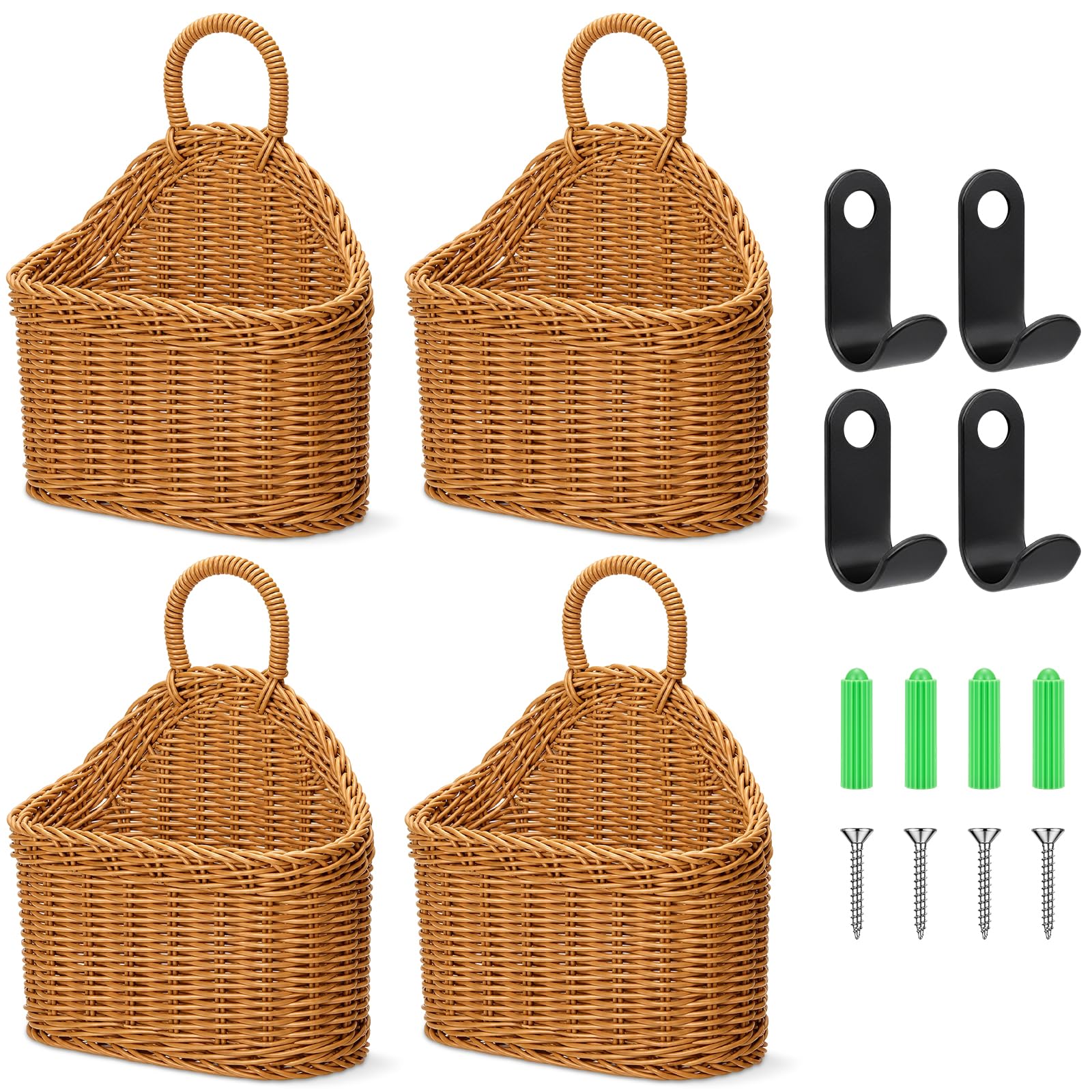 Yiyiring 4 Pcs Hanging Wicker Baskets for Wall, with Hooks