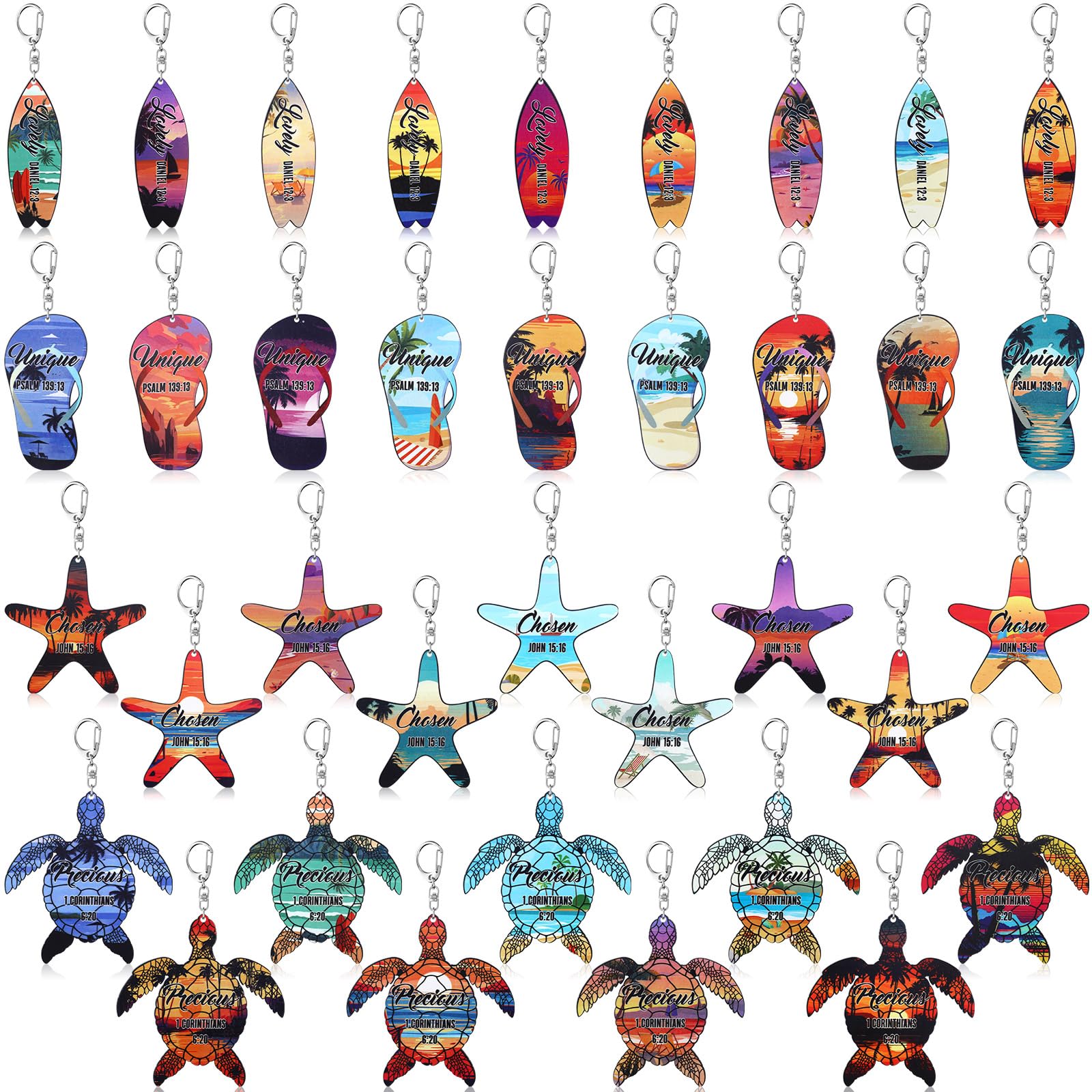 Bucherry 36 Pcs Beach Summer Party Favors Keychain Gifts Bulk Wooden Surfboard Sea Turtle Coconut Tree Christian Religious Key R