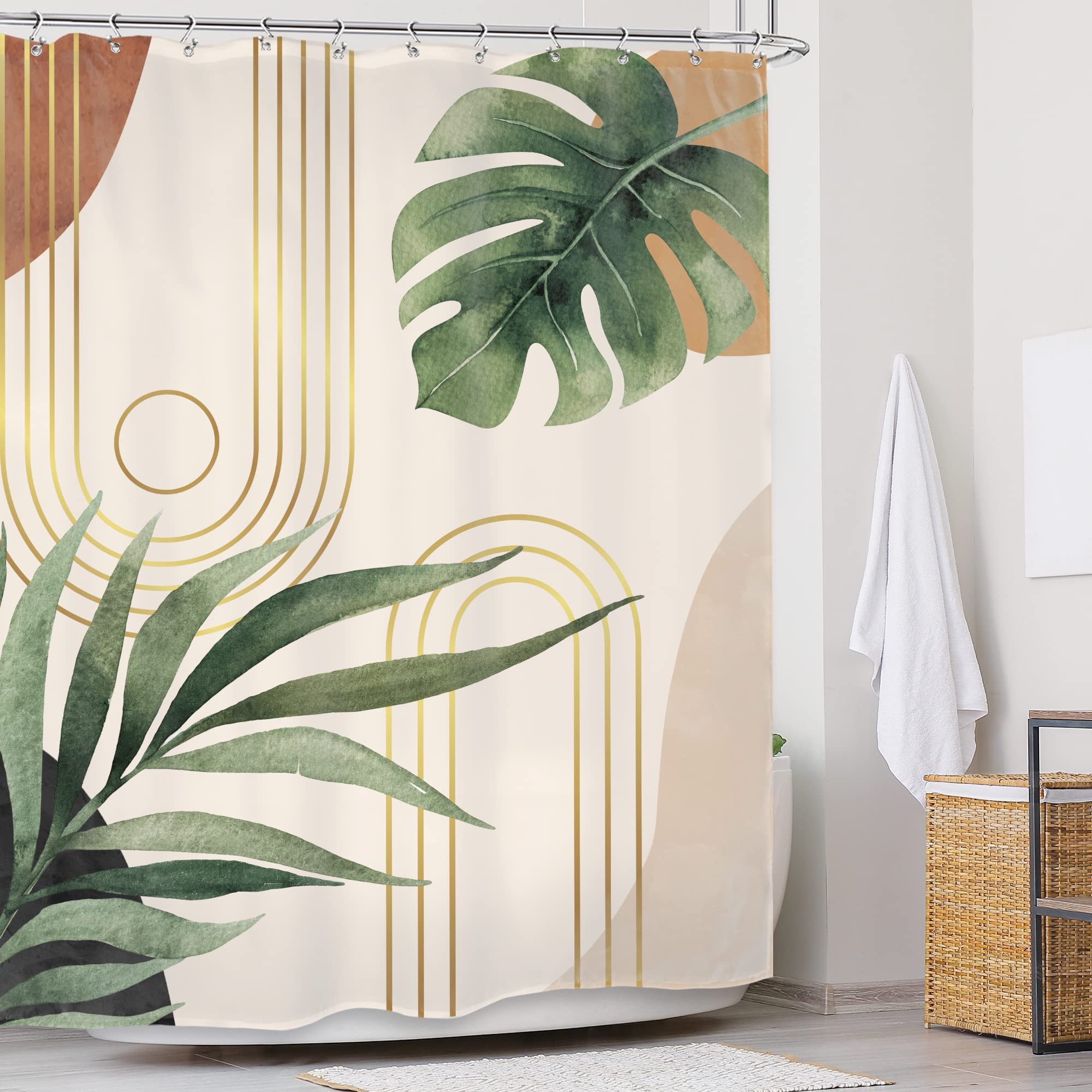 Glawry Boho Sage Green Shower Curtain 60Wx72L Inches, Abstract Bohemian Mid Century Bathroom Curtains, Plant Botanical Palm Leaf