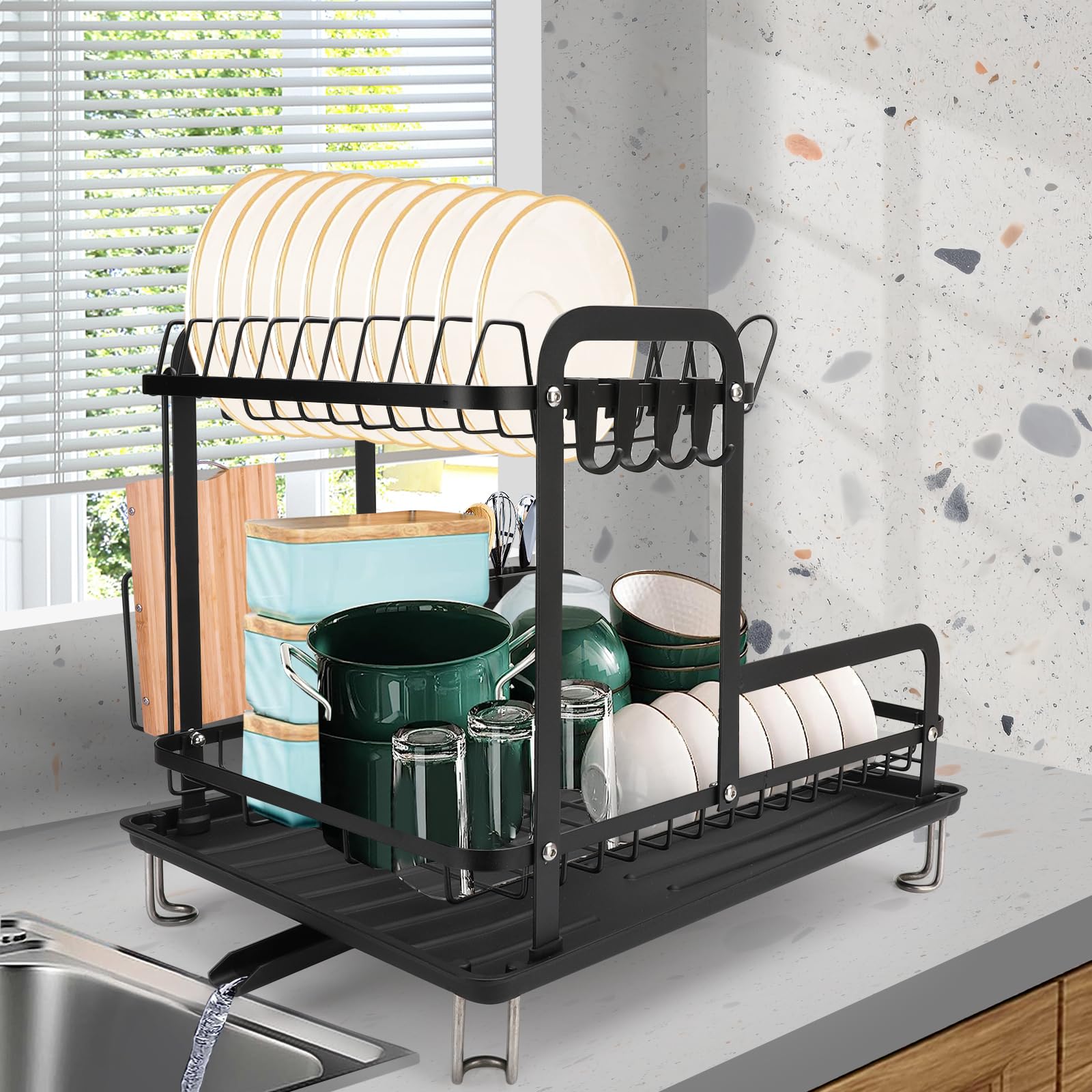 Iyebau Dish Drying Rack,16.5 * 11.8 * 13.6'' 2 Tier Over The Sink Dishrack Strainer,Large Capacity W/Drainboard And Utensil Hold