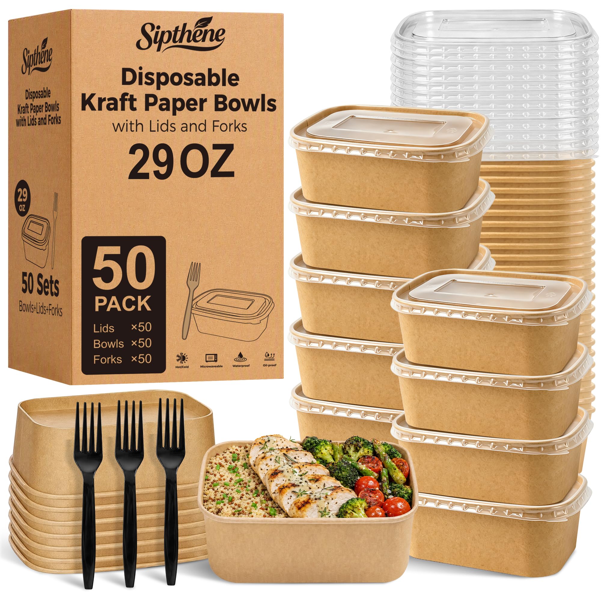 Sipthene 50 Pack 29 oz Disposable Meal Prep Containers with Lids and Forks