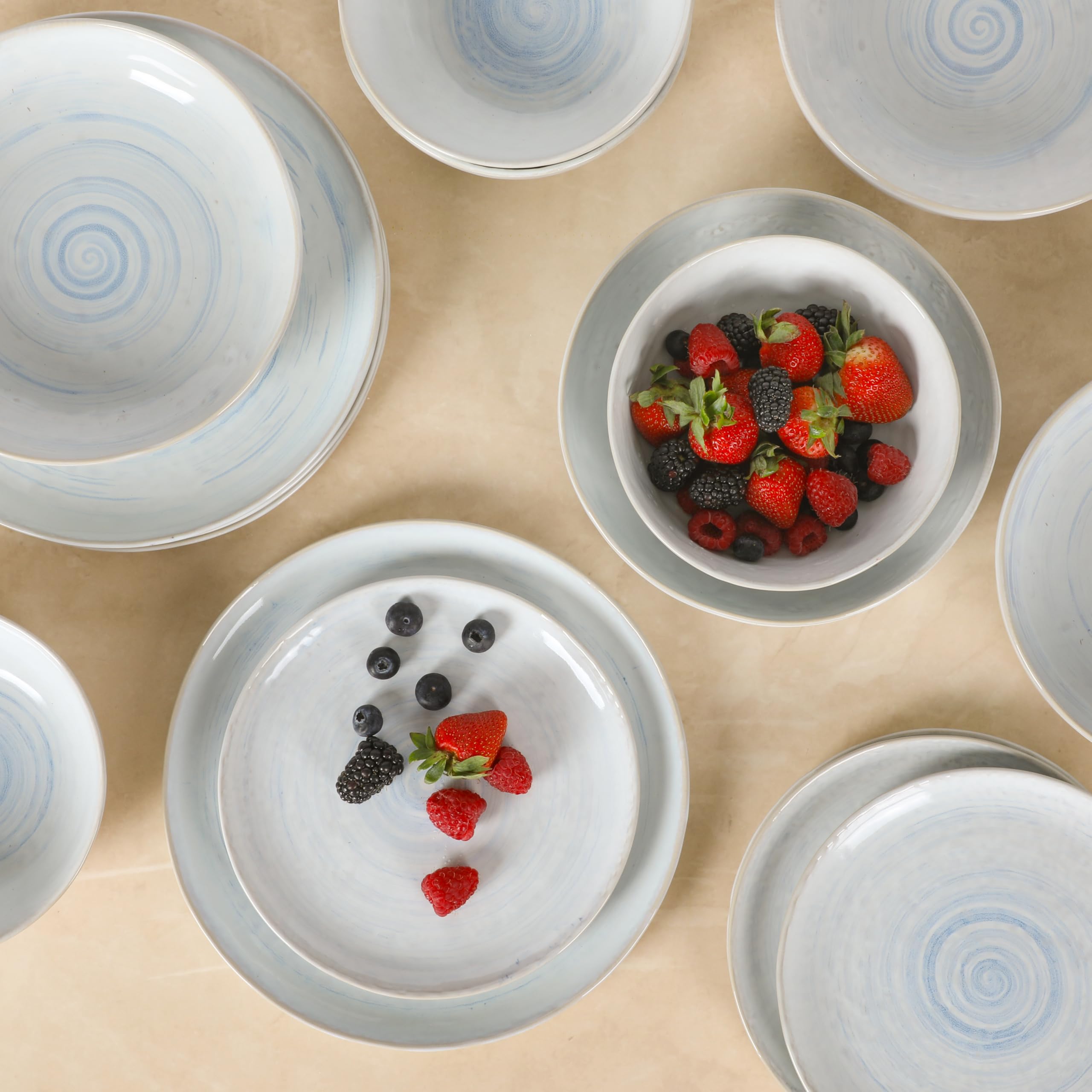 Gibson Elite Auckland Blue Swirl Stoneware Reactive Glaze 16 Piece (Service for 4) Plates and Bowls Dinnerware Set