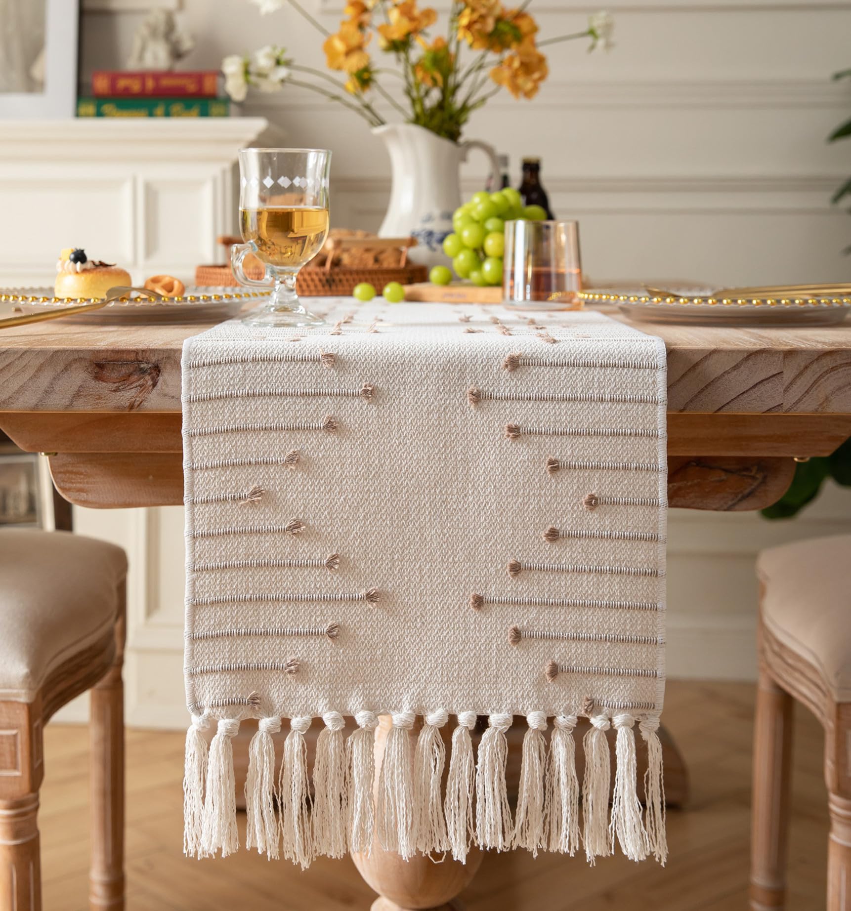 Boho Table Runner 13 x 90 Inch Long Natural Cotton Woven Runner with Tassels for Home Dining Table d  cor, for Modern Farmhouse 