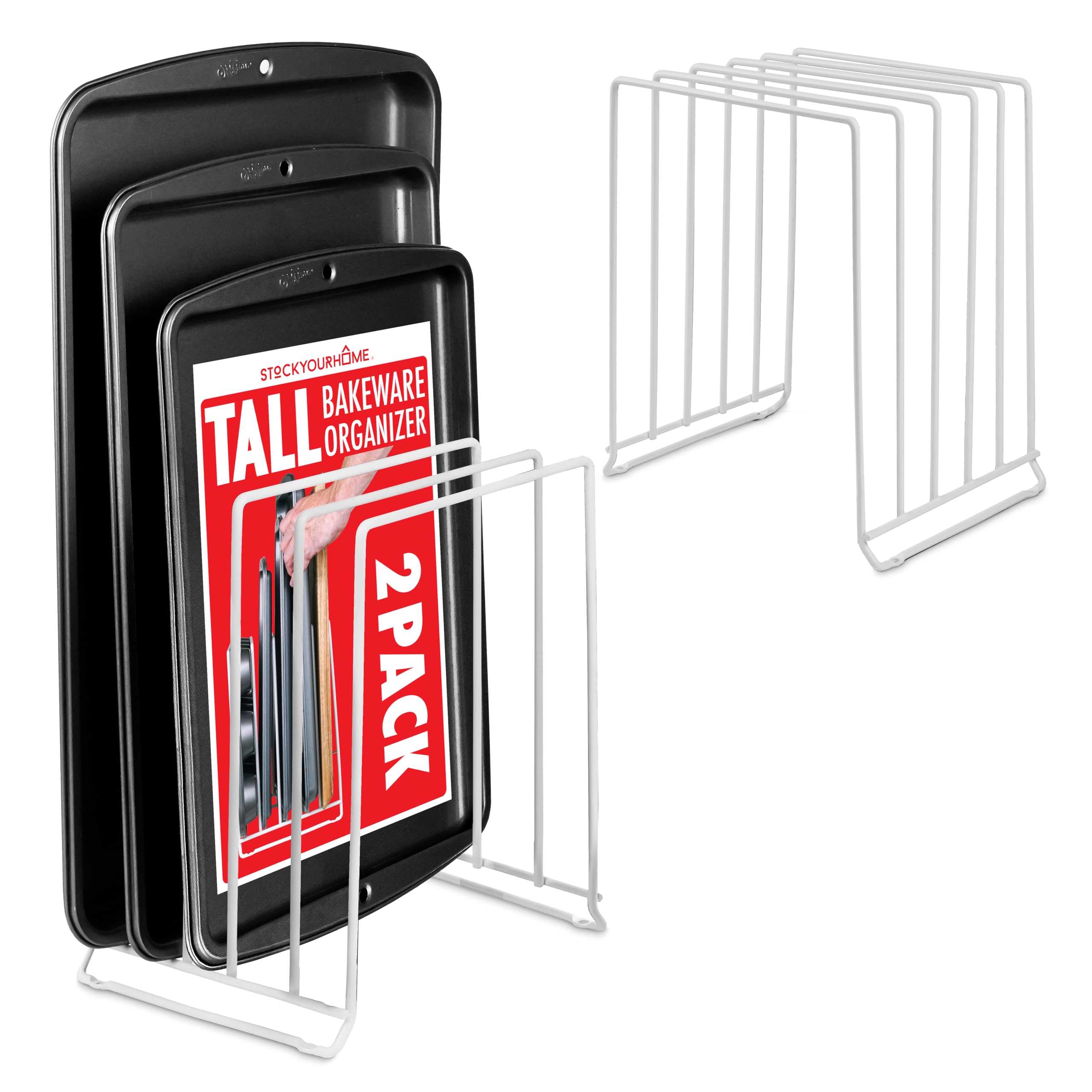 Stock Your Home White (2 Pack) Extra Tall Steel Baking Pan Organizer Rack For Cabinet Storage Or Kitchen Counter, Cookie Baking