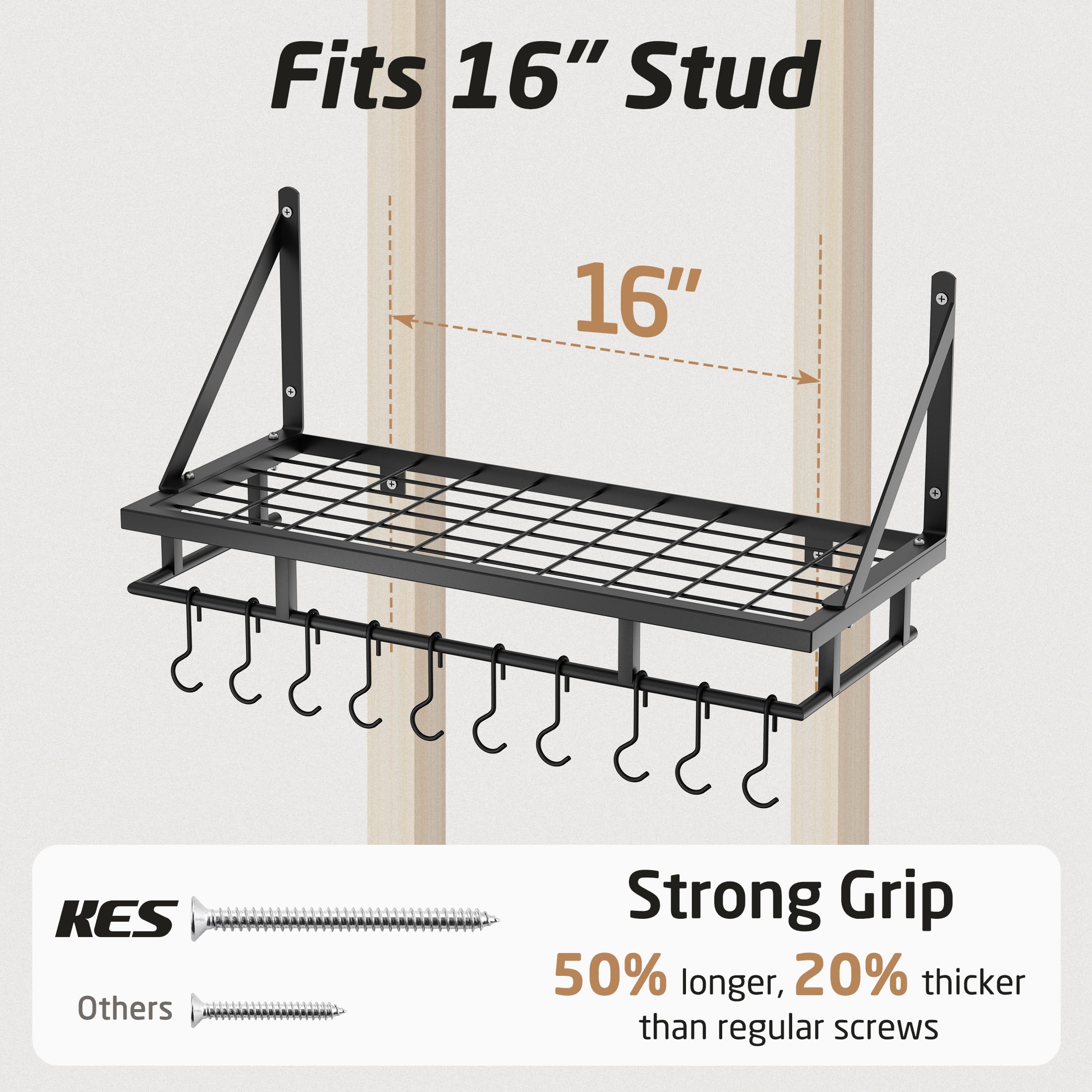 Kes 24 Inch Kitchen Pot Pan Rack Wall Mounted Hanging Storage Organizer Wall Shelf With Hooks Matte Black, Kur215S60-Bk