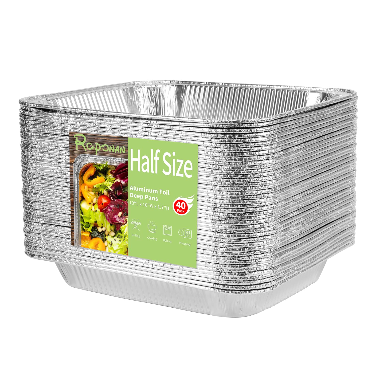 Roponan 9x13 Aluminum Foil Pans, 40Pack Half Size Disposable Aluminum Foil Trays, Shallow Steam Table Pans for Cooking, Baking,
