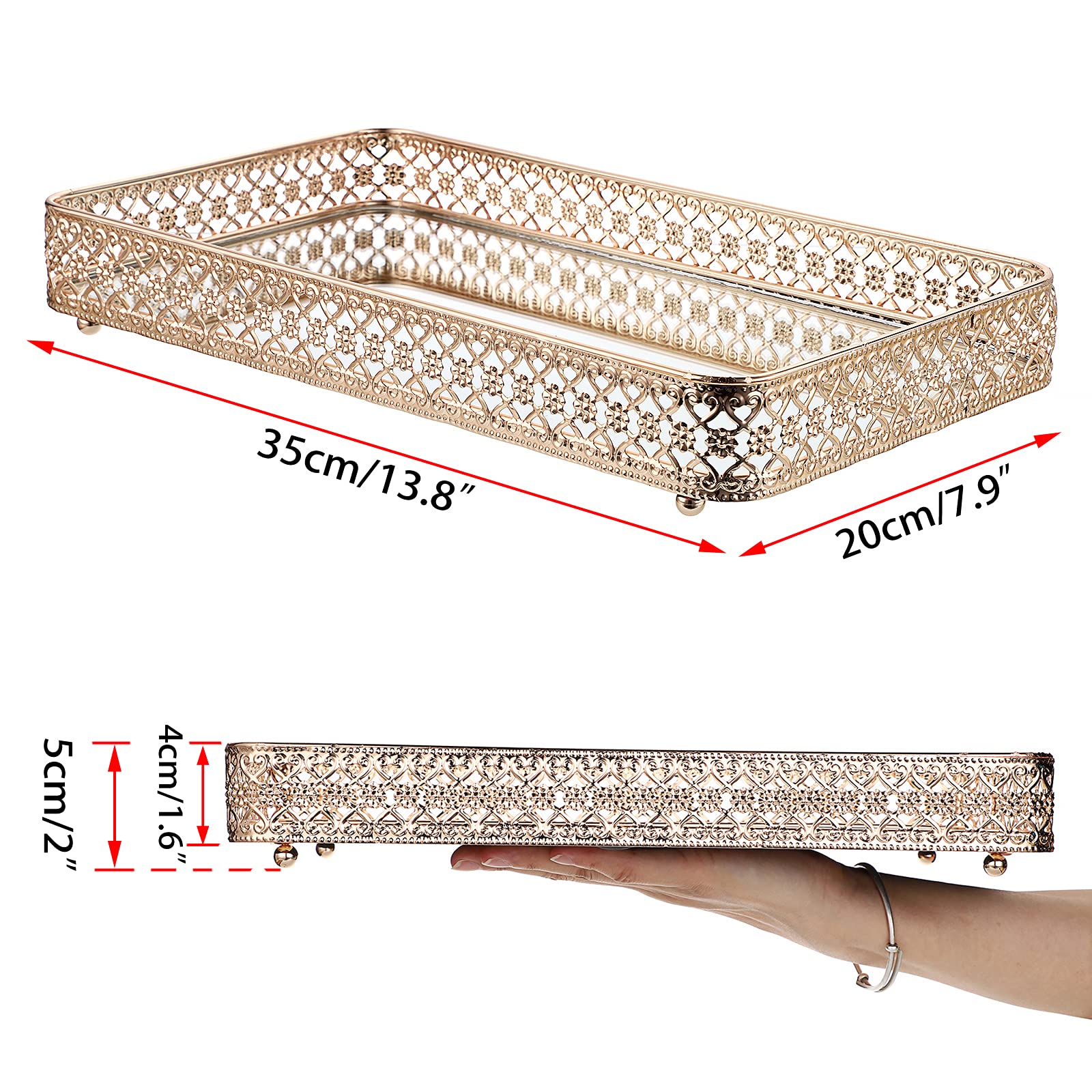 Elldoo Gold Perfume Tray Mirror Tray Makeup Vanity Tray Hollow-Carved Jewelry Tray Glass Metal Trinket Storage Tray Home Organiz