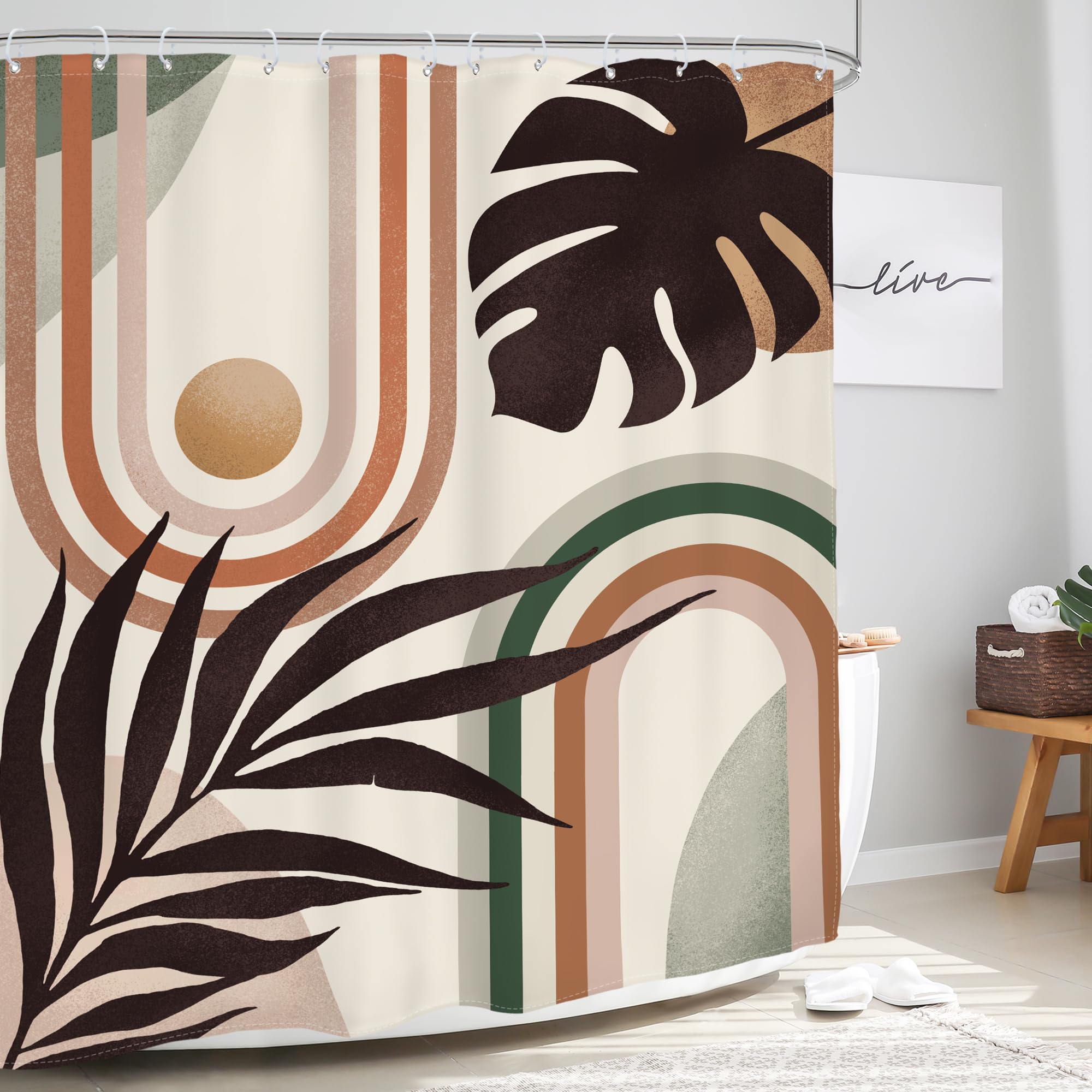 Glawry Boho Mid Century Shower Curtain Abstract Tropical Plant Minimalist Bohemian Botanical Palm Leaf Bathroom Modern Geometric