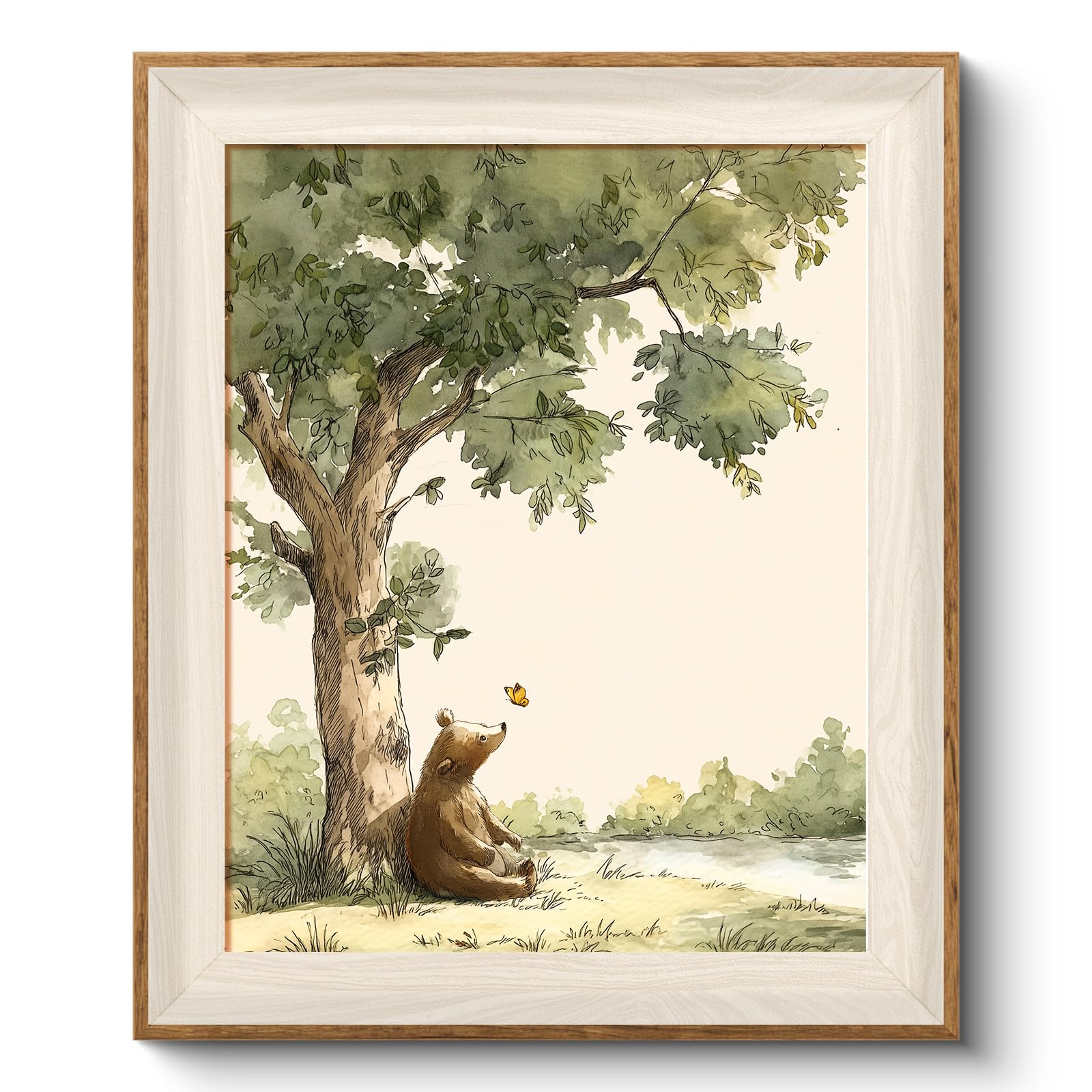 VIYYIEA Framed Wall Art for Living Room, Bear and Butterfly Canvas Prints, Green Home Decor, Animals Painting Picture, Bathroom 