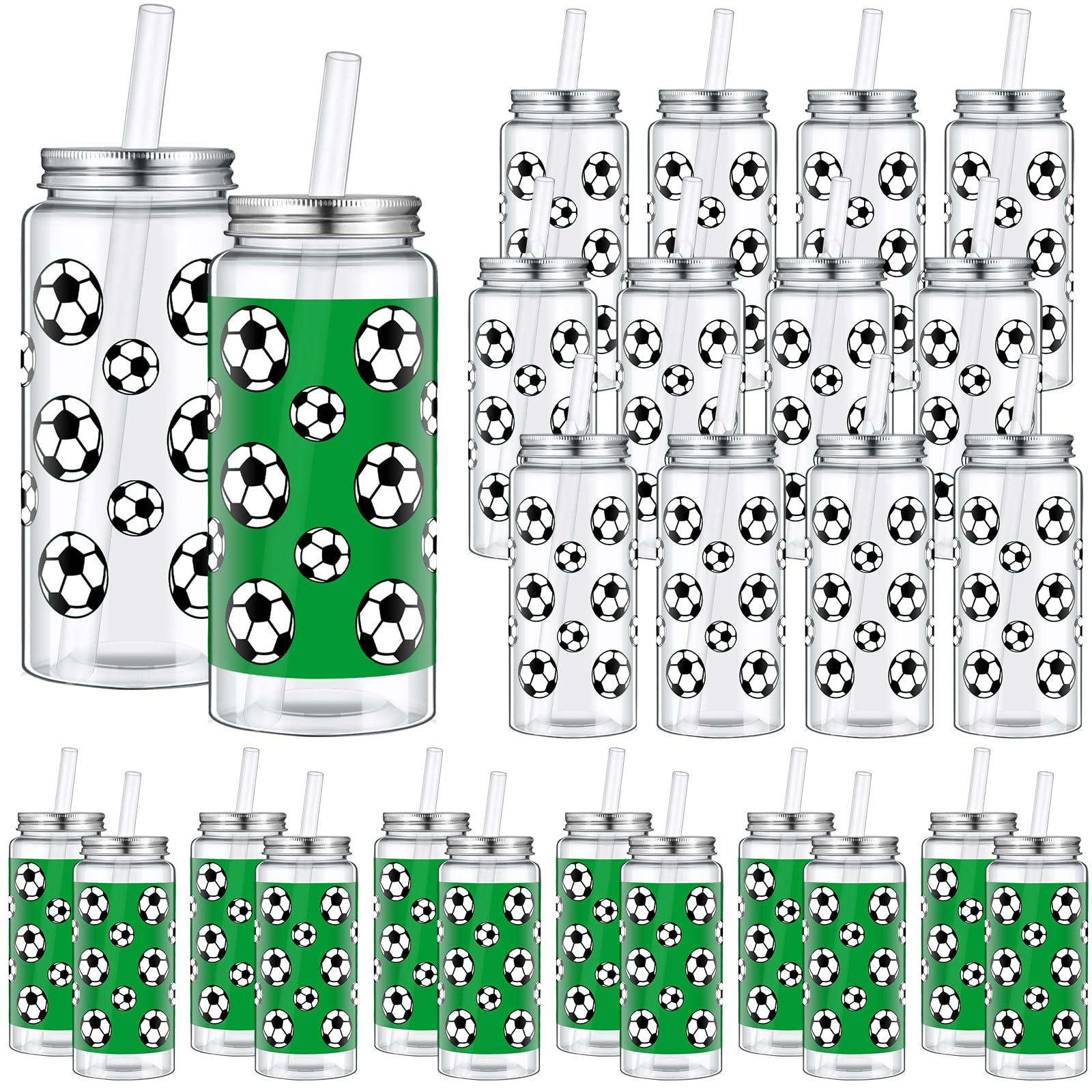 Maxdot 24 Pack 14.2 OZ Soccer Plastic Cups with Lid and Straw Bulk Soccer Cup with Lid and Straw Clear Reusable Plastic Juice Bo