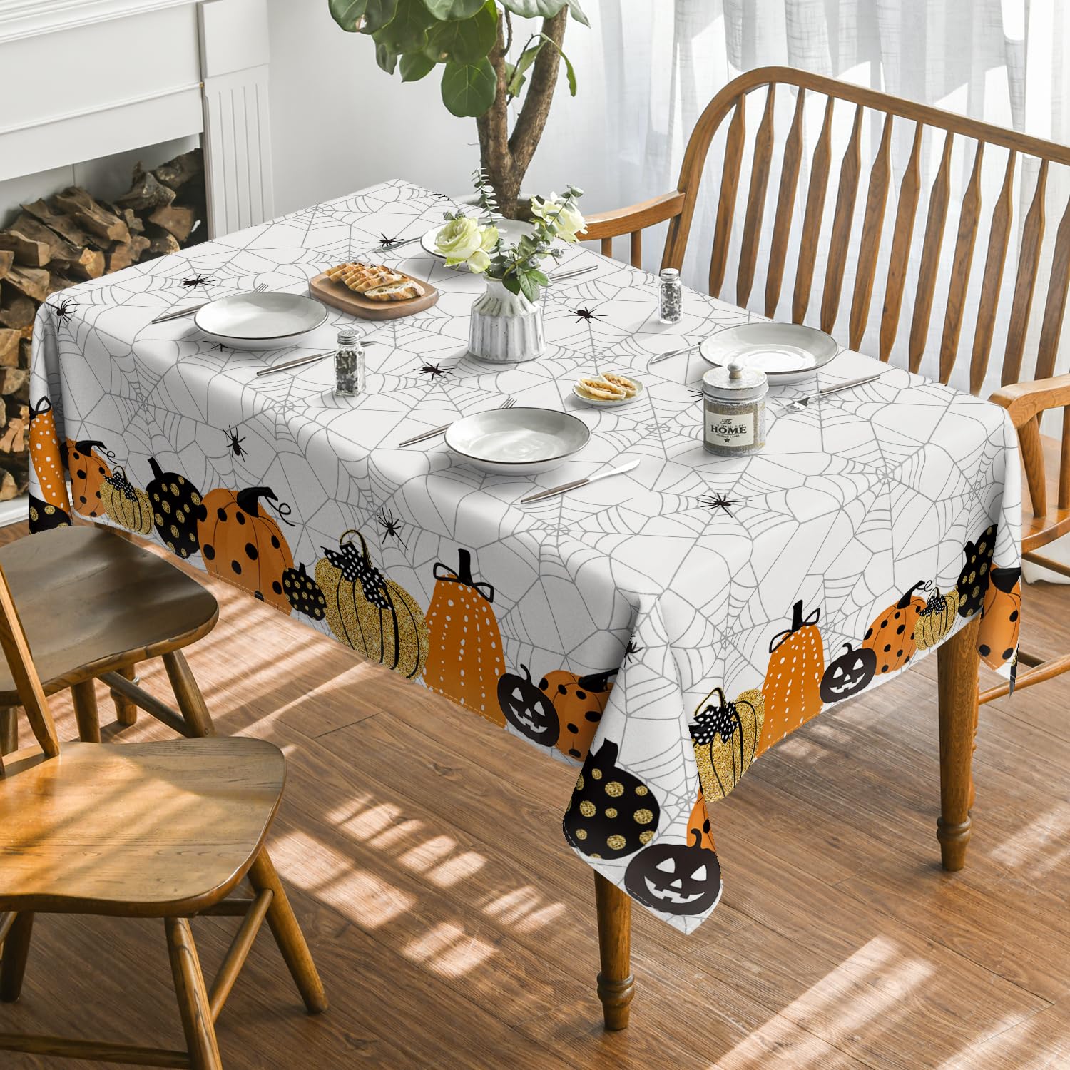 Horaldaily Halloween Tablecloth 60X120 Inch Rectangular, Jack-O-Lantern Pumpkin Cobweb Scary Themed Washable Table Cover For Par