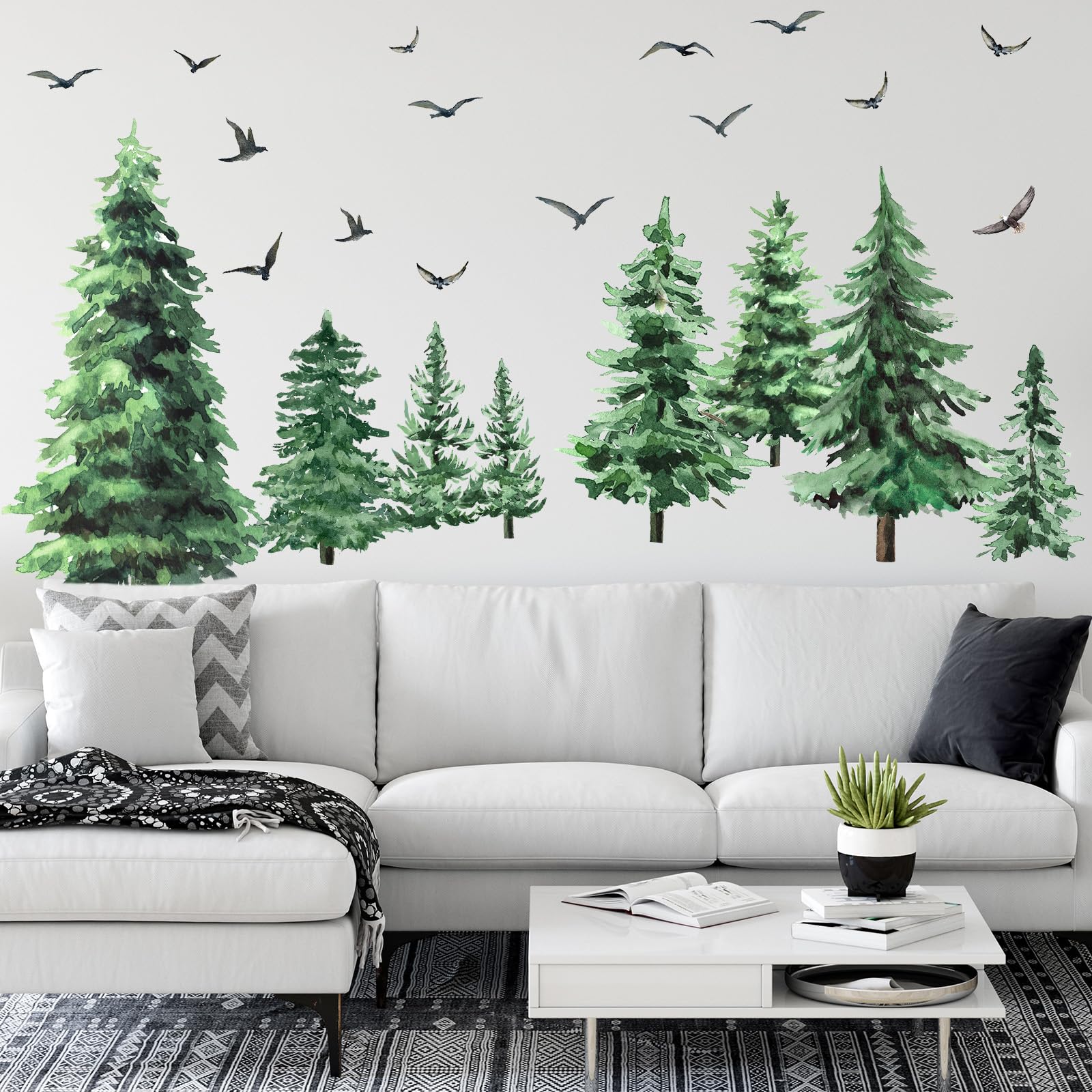 Qilery Watercolor Pine Tree Wall Decals Large Peel and Stick Forest Wall Decal Woodland Branch Birds Sticker Christmas Tree Stic