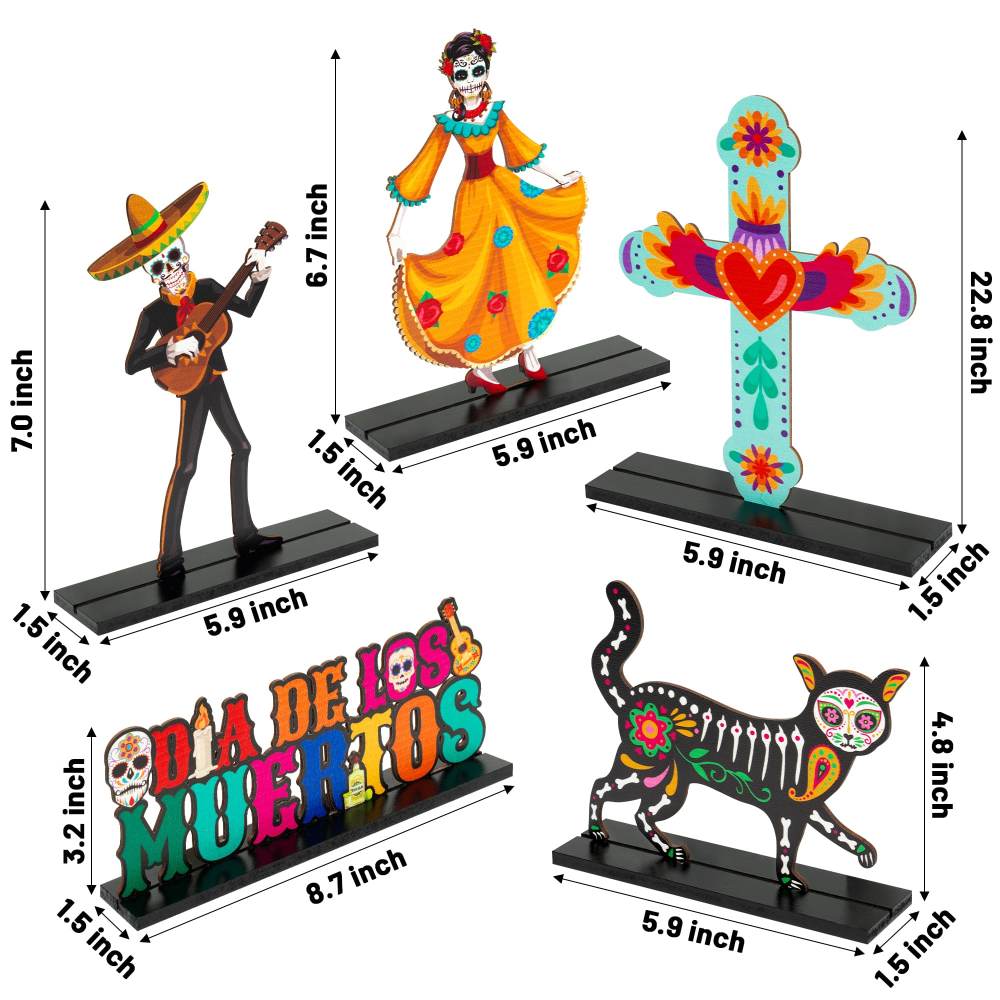 WATINC 5pcs Day of the Dead Wooden Centerpiece Table Decorations, Dia De Los Muertos Mexican Halloween Table Topper, Detachable