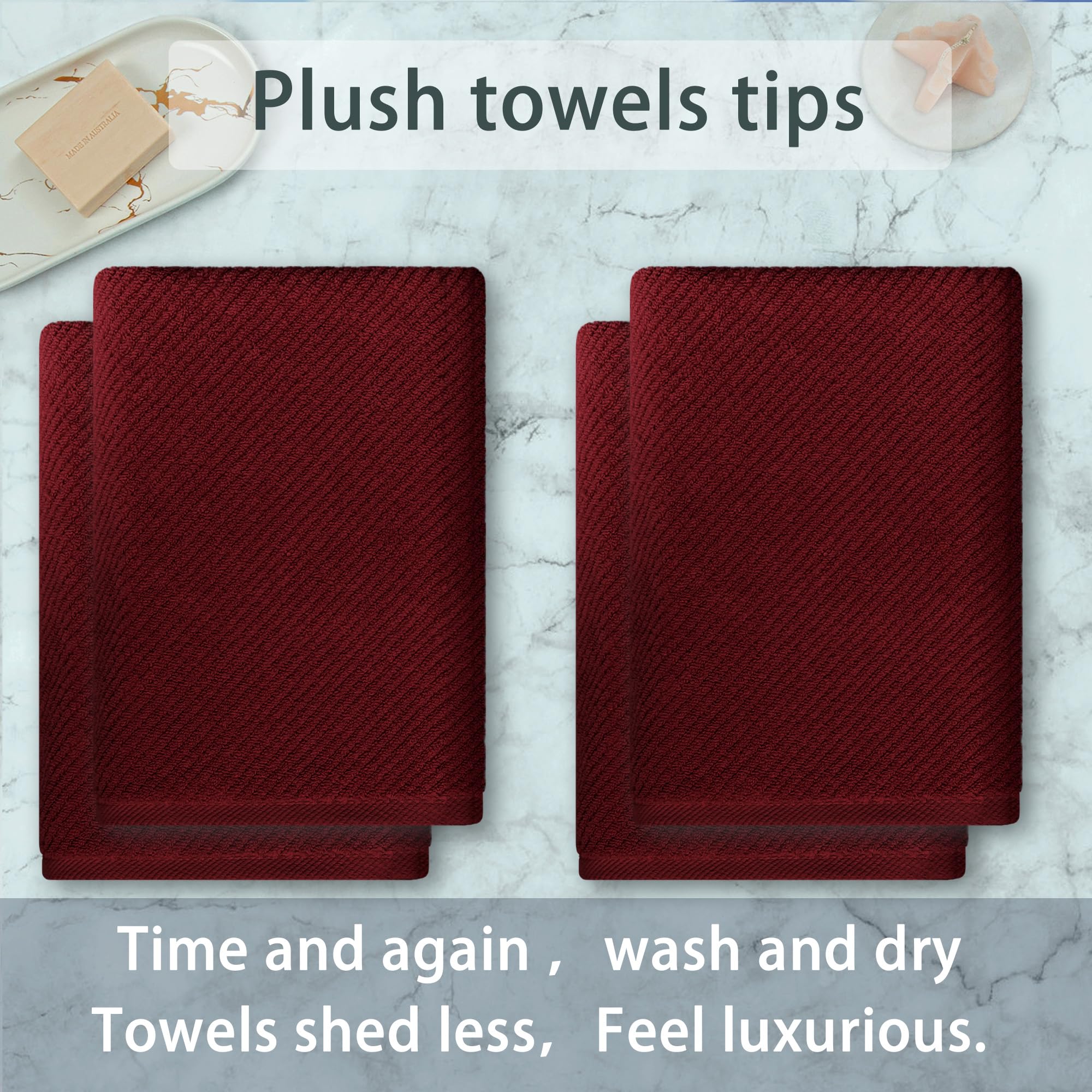 Voova & Movas Red Bath Towels, 4 Pack Large 30'' X 56'' - 100% Cotton | Quick Dry | Light Weight | Thick | Soft | Absorbent, Bat
