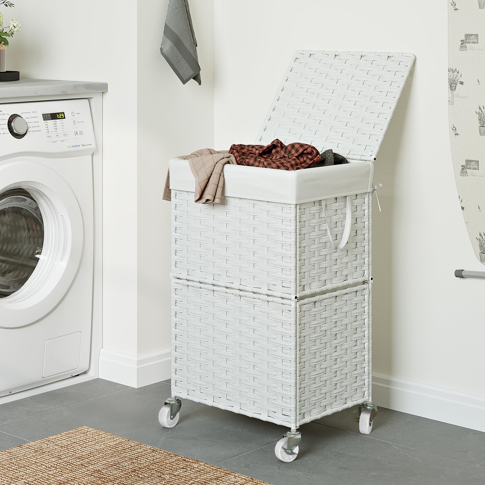 Chrislley 90L Large Laundry Hamper With Wheels,Rolling Laundry Basket With Lid And Renovable Liner Bag,Handwoven Rattan Organize