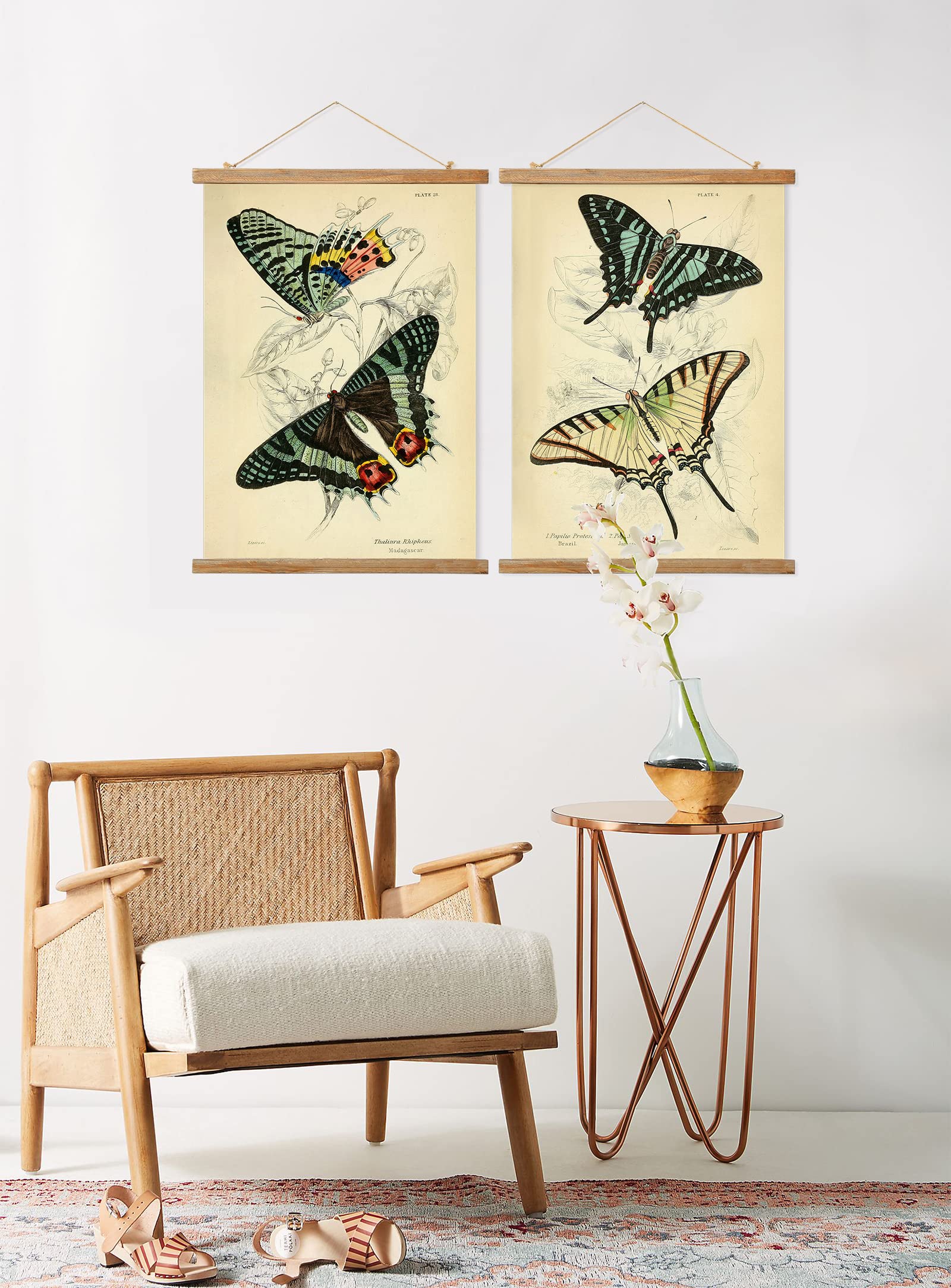 Ovfovy Vintage Butterflies Poster, Retro Style Wall Art Prints, Printed On Linen With Wooden Frame, For Living Room Office Bedro