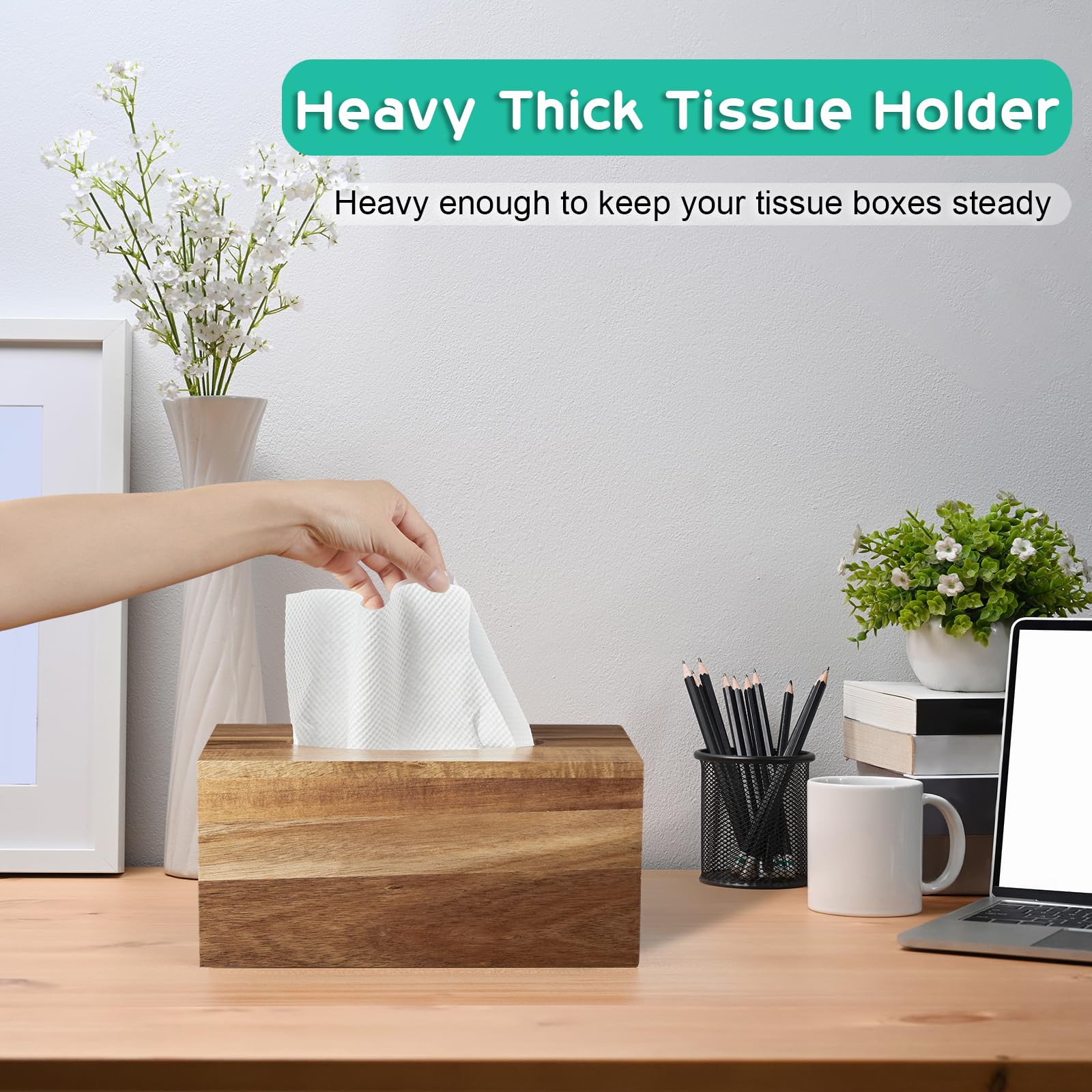 Alelion Rectangular Tissue Box Cover - Acacia Wood Rectangle Tissue Box Holder For Tabletop Night Stands Bathroom Office - Decor