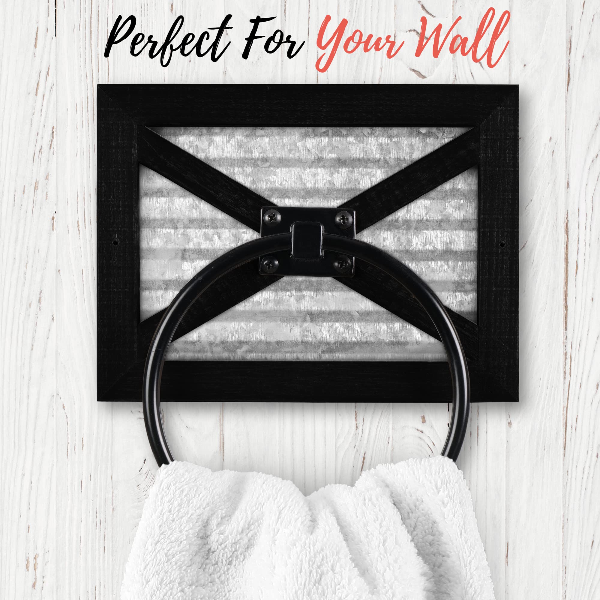 Autumn Alley Farmhouse Decor Hand Towel Ring for Bathroom - Rustic Hand Towel Holder - Rustic Towel Rack Ring Holder  Wall Mounted  Bathroom Decor Towels Mix of Wood  Galvanized Metal  Black Wood