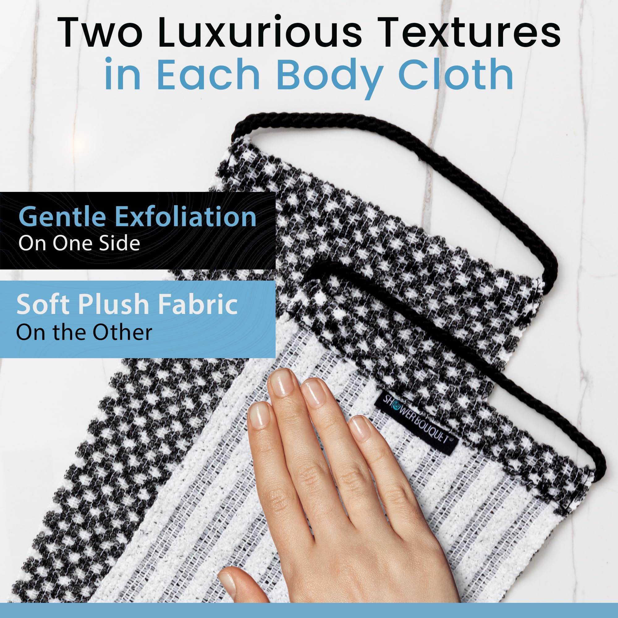 Japanese Exfoliating Washcloth For Back & Body 2-Pack - Charcoal & Silver Ion Exfoliating Towel With Handles - Two-Sided Gentle