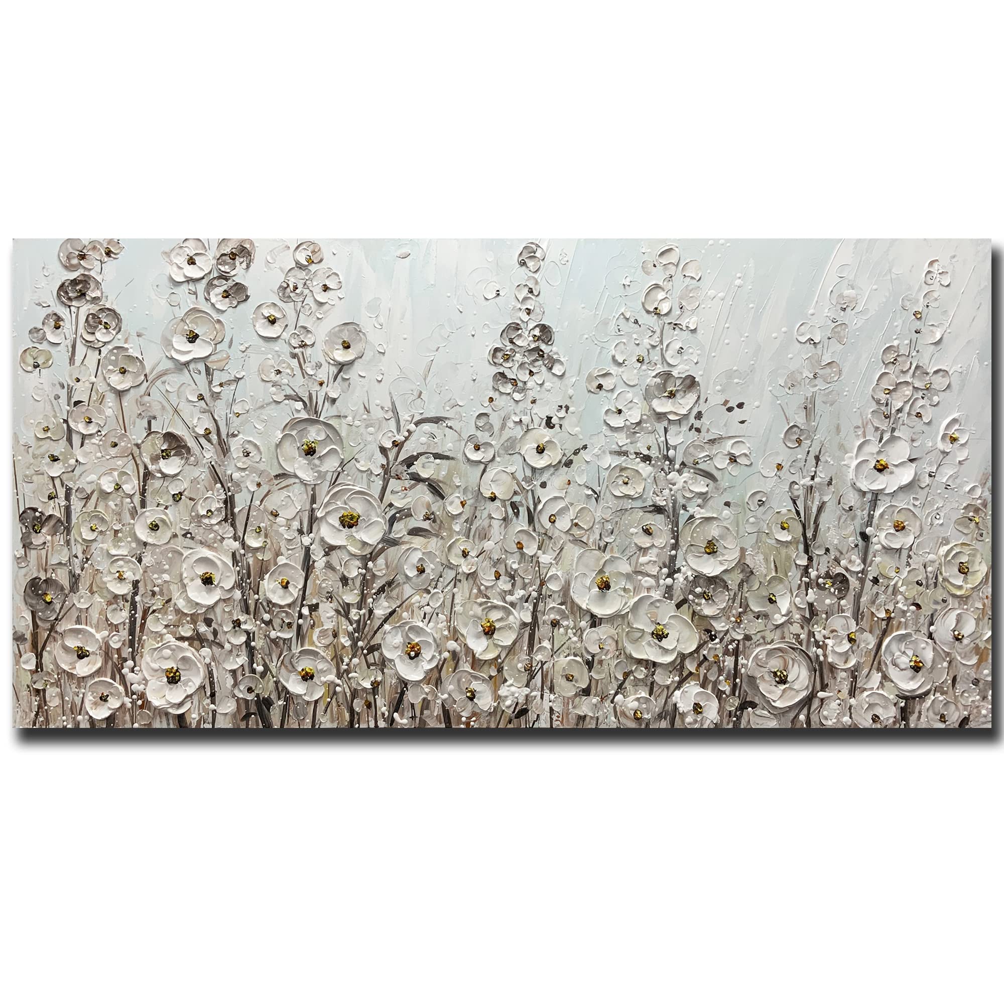 Yotree 24X48 Inch Wall Art Hand-Painted Framed White Flowers Oil Painting On Canvas Gallery Wrapped Modern Floral Artwork For Li