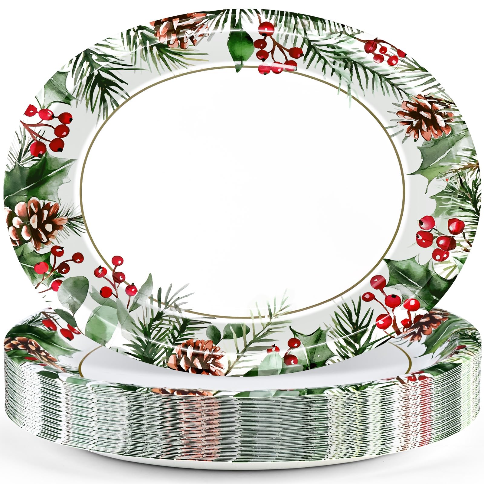 Homlouue 12x10 Oval Christmas Paper Plates Heavy Duty 400GSM, 50PCS Christmas Plates Disposable, Holiday Disposable Plate, Large