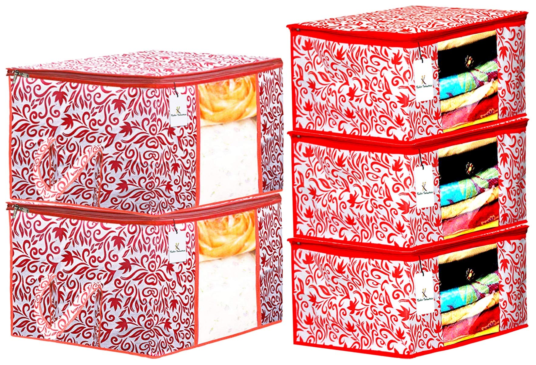 Kuber Industries Leaf Design Non Woven 3 Pieces Saree Cover And 2 Pieces Underbed Storage Bag, Cloth Organizer For Storage, Blan