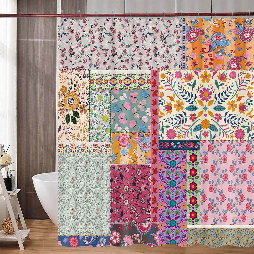 Boho Patchwork Shower Curtain, Vintage Bohemian Paisley Stitching Floral Shower Curtain Art With Hooks, Retro Farmhouse Cottage