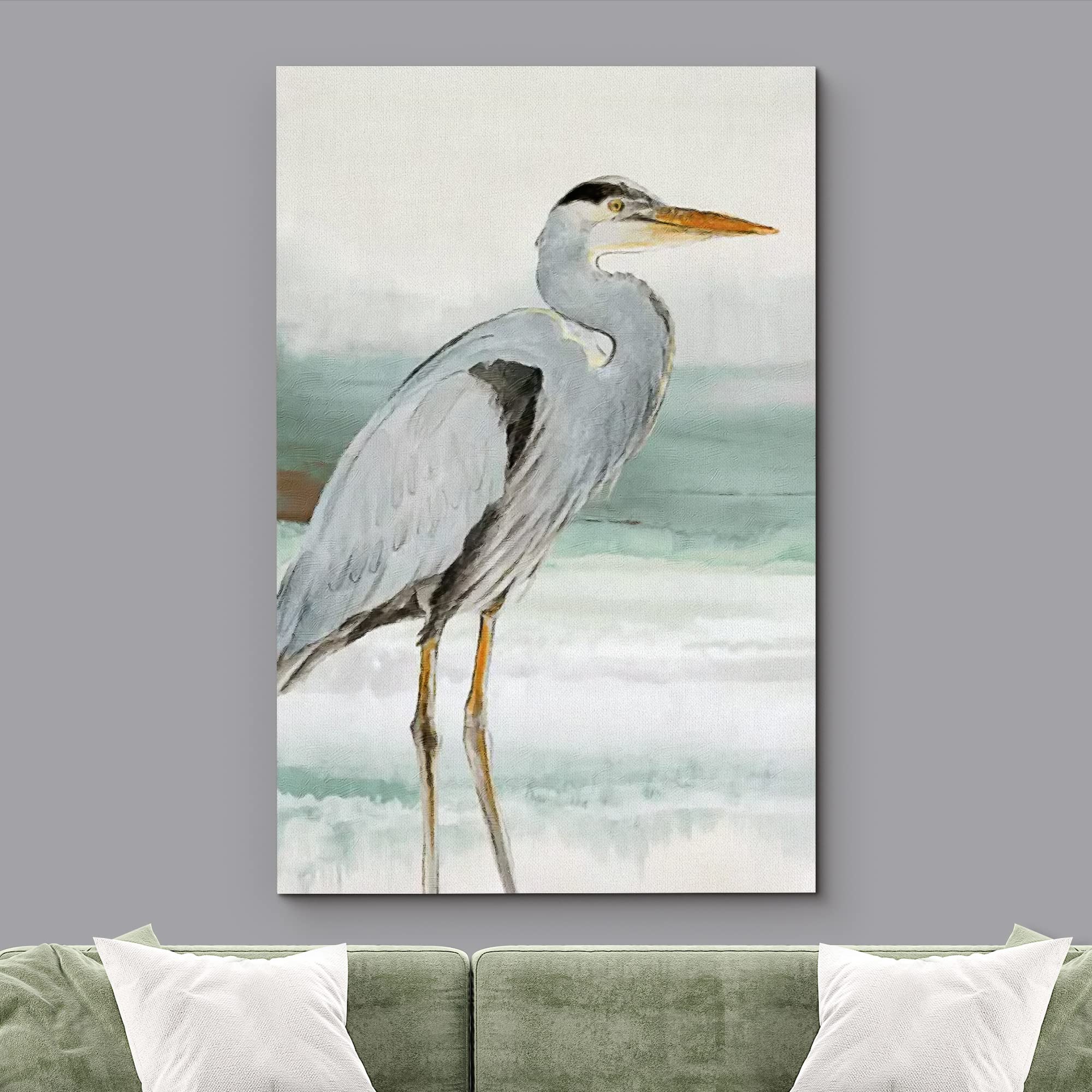Wall26 Canvas Print Wall Art Pastel Beach Wave Ocean Crane Bird Nature Wilderness Illustrations Modern Art Decorative Multicolor