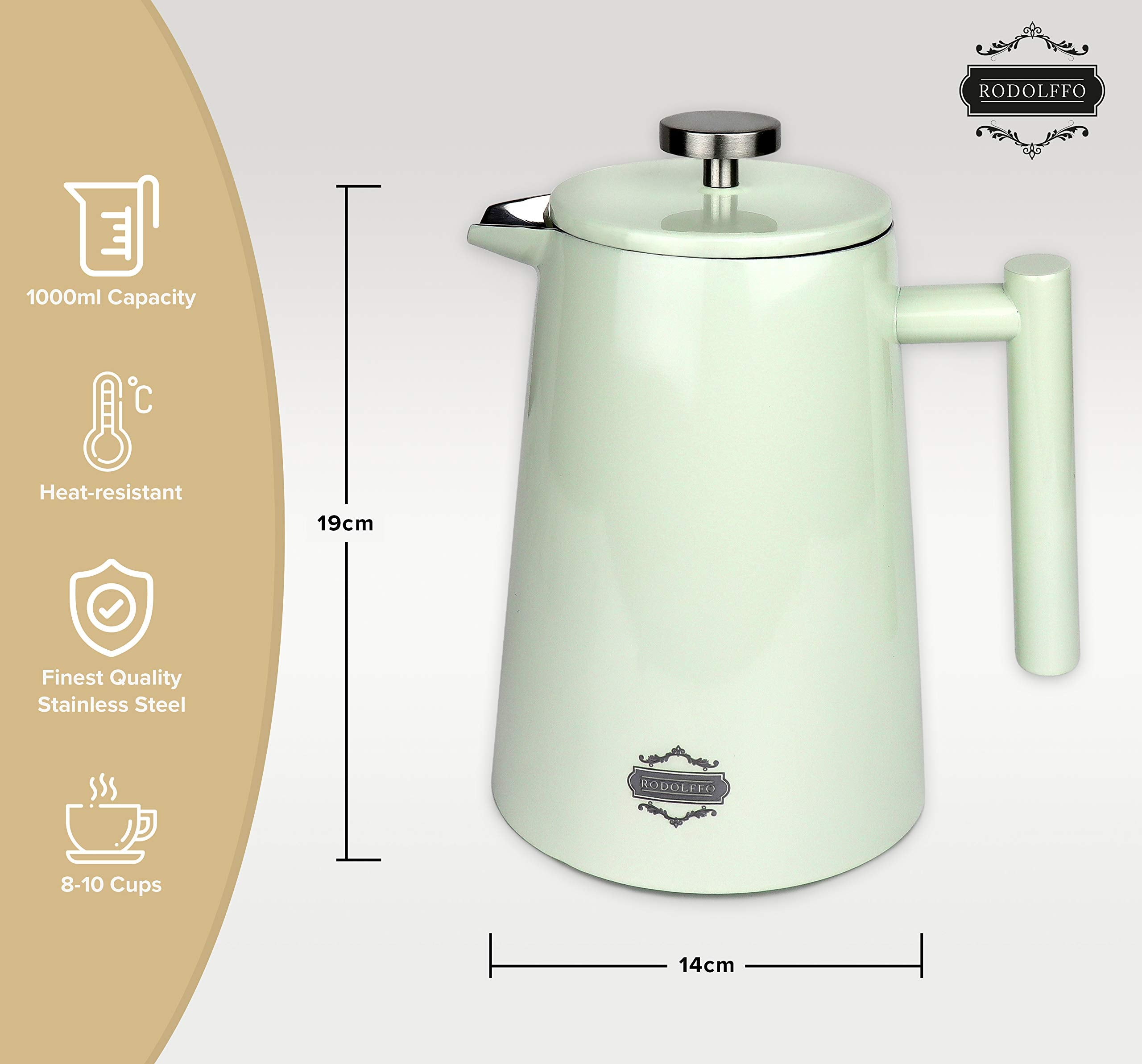 Rodolffo French Press Coffee And Tea Maker - Vacuum Insulated Premium Stainless Steel Coffee Press 34 Ounce - 1 Liter. Stylish O