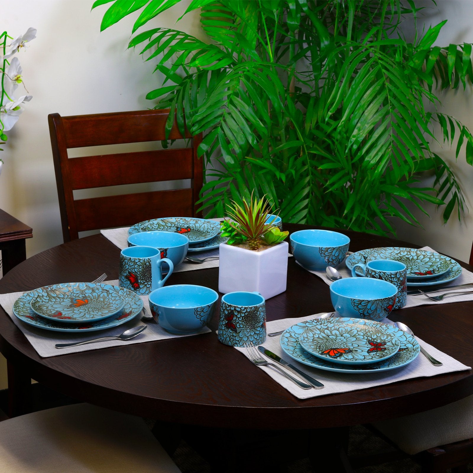 Elama ELM-Butterfly-Garden, 16pc Dinnerware, blue
