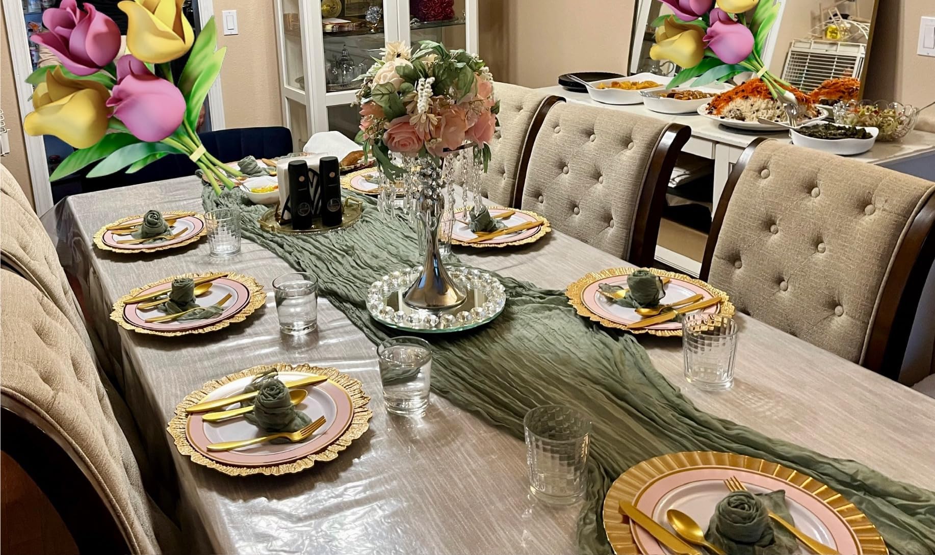 Sage Green Cheesecloth Table Runner And Napkins Set, Boho Gauze Cheese Cloth 13 Ft Table Runner With 12 Napkins, Rustic Wrinkled