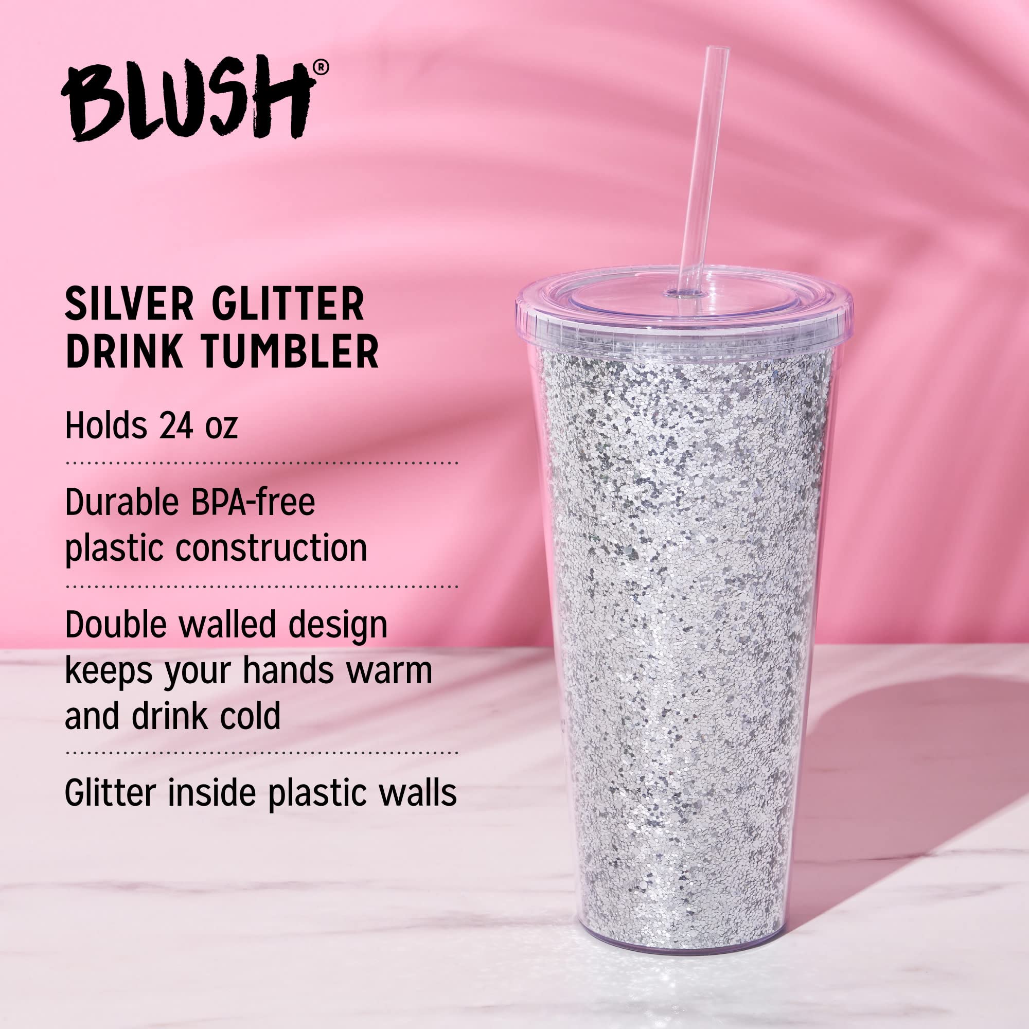 Blush Glam Double Walled Glitter Acrylic Plastic Lid And Straw Reusable Cups For Smoothie, Iced Coffee Tumblers, 24 Oz, Set Of 1