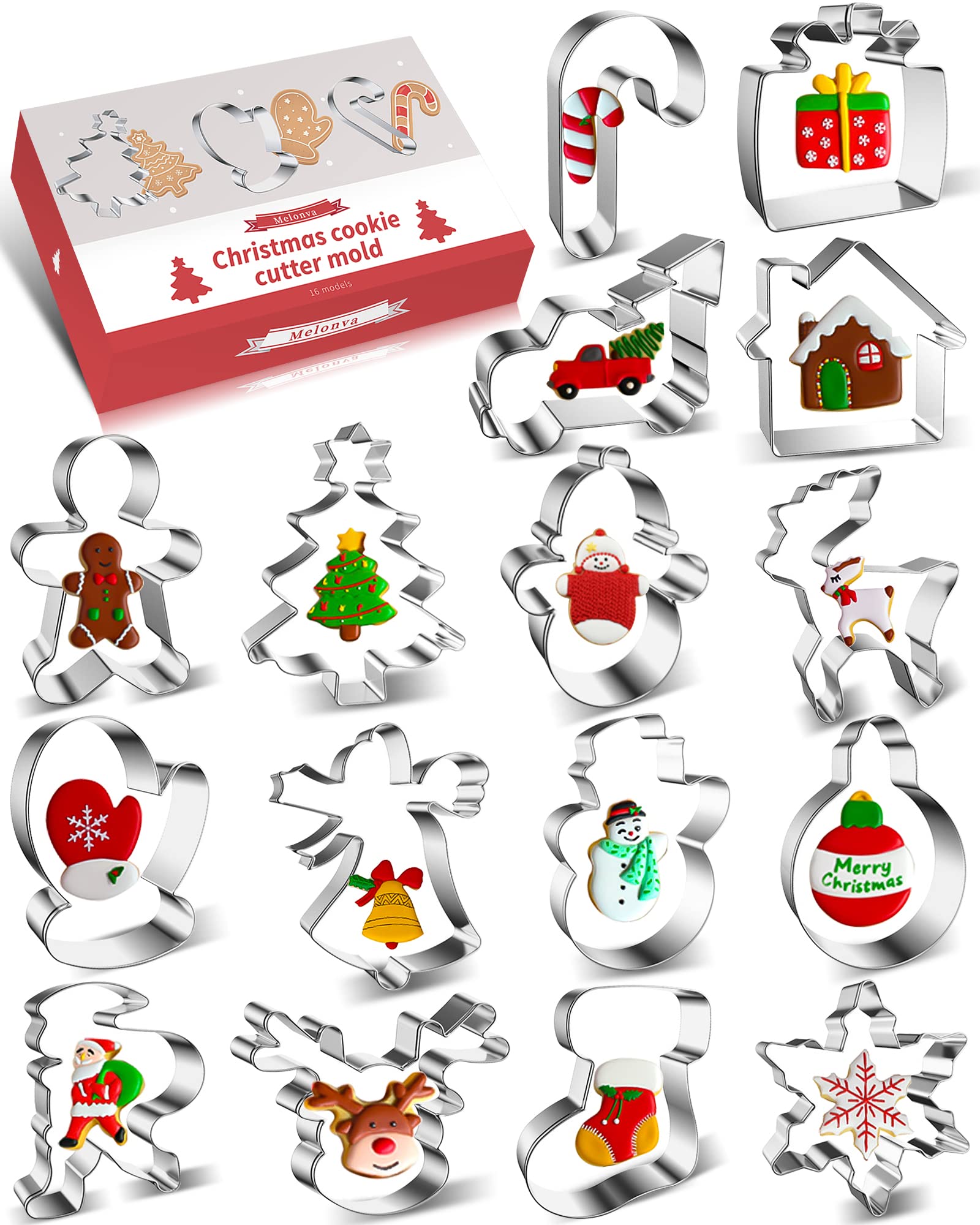 16 Pcs Christmas Cookie Cutters Winter Set With Decorating Instructions Stainless Steel Gingerbread Man Tree Snowflake Candy Can