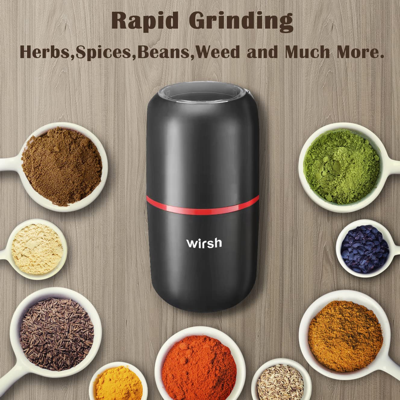 Wirsh Electric Coffee Grinder, Stainless Steel Blades, 4.2oz Capacity, 3.0x7.0 inch, Black, Model D150B