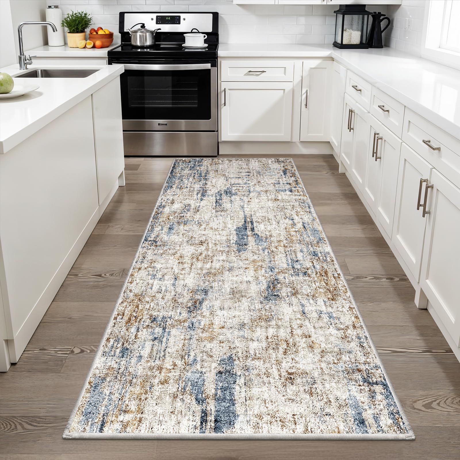 3x6 Washable Non-Slip Kitchen Runner Rug - Modern Abstract Wide Floor Carpet Runner with Rubber Backing for Entryway, Hallway, B