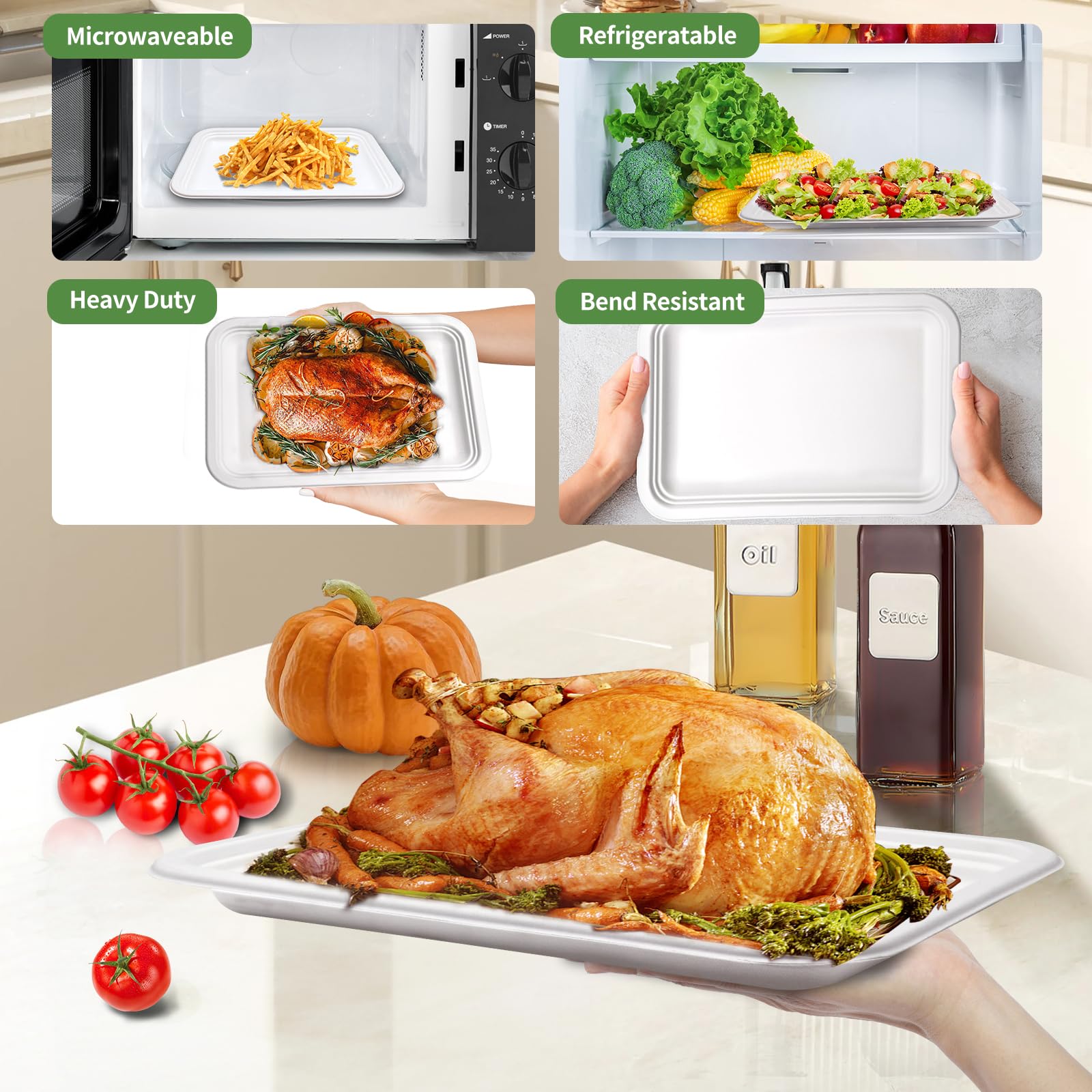 VEIZEDD 30Pack Compostable Food Trays 14 Inch Large Paper Plates Heavy Duty Disposable Serving Tray for Thanksgiving Turkey, BBQ
