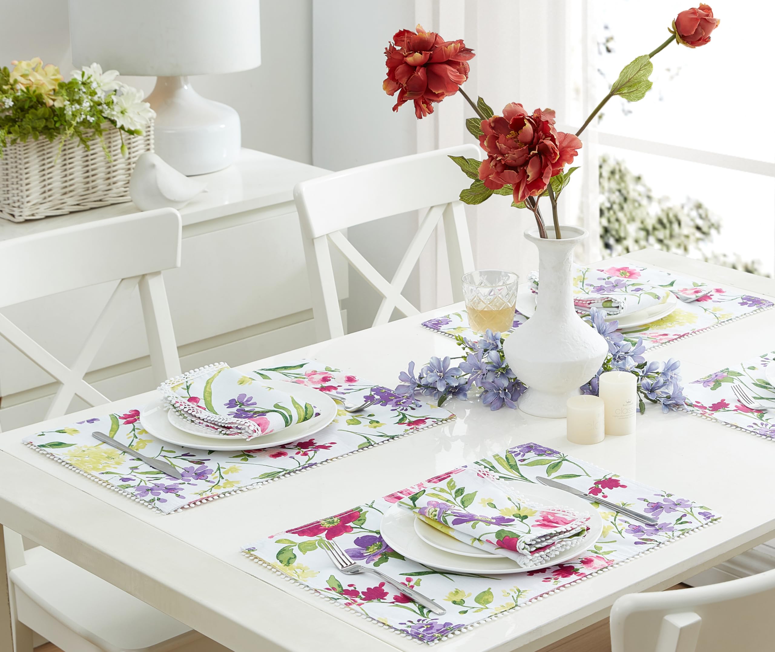 Newbridge Set Of 4 Placemats, 13 X 19 Inch Rectangle, Summer Sophia Pom Pom Fringe, Wrinkle And Stain Resistant Pink And Purple