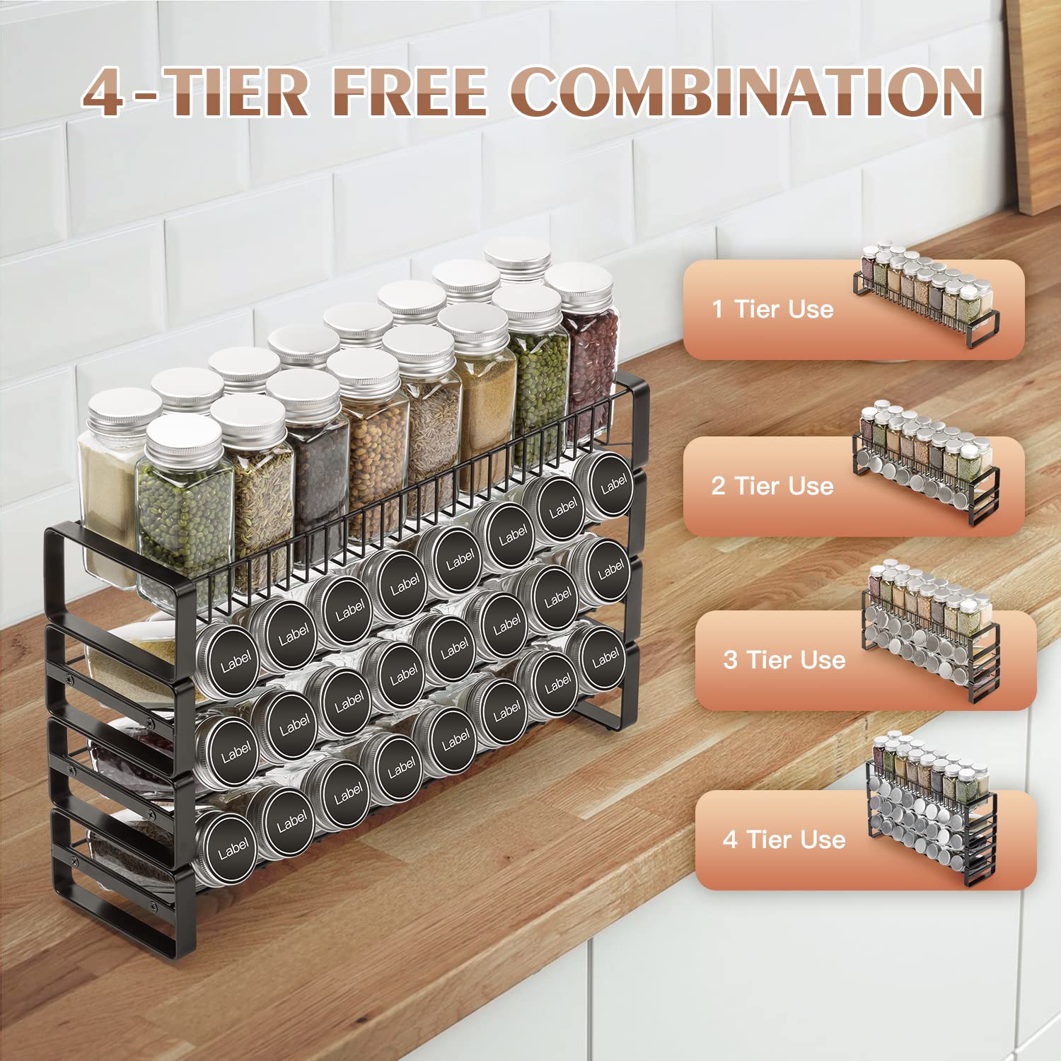 JONYJ 4 Tier Stackable Seasoning Rack Organizer, Detachable Countertop Spice Jar Rack for Cabinet, Freestanding , Black Frosted