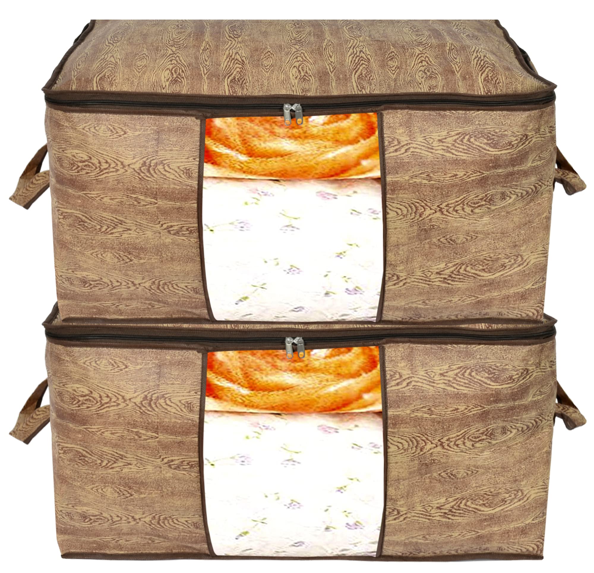 Kuber Industries Wooden Print Foldable Clothes Storage Bag Wardrobe Organizer Non Woven Fabric For Comforters,Blankets,Bedding W