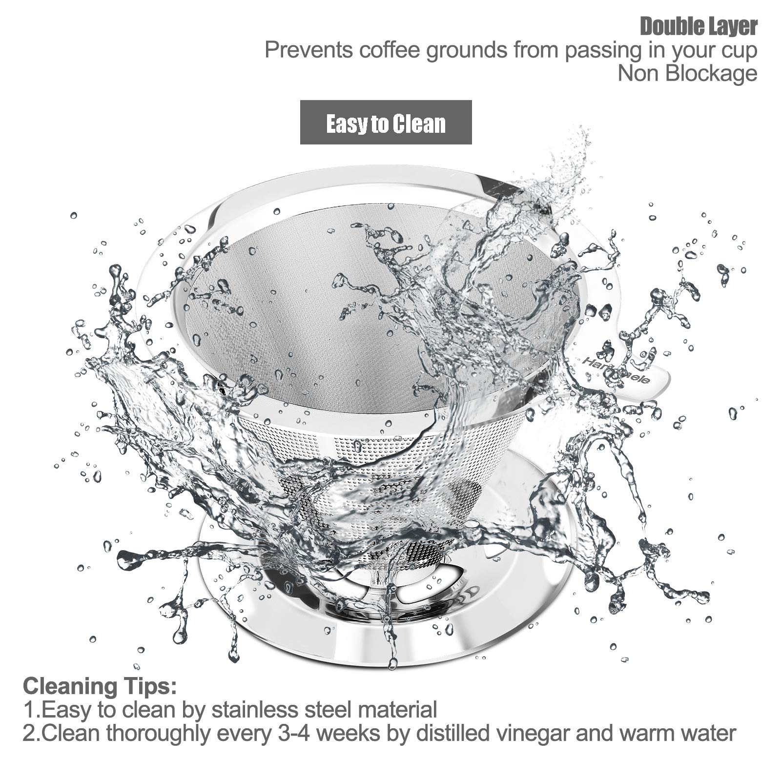 Hanlomele Pour Over Coffee Dripper  Paperless Reusable Coffee Filter  Pour Over Coffee Maker for Single Cup Brew  Double Mesh Design of Stainless Steel Cone Filter for Perfect Extraction (1-4 Cup)